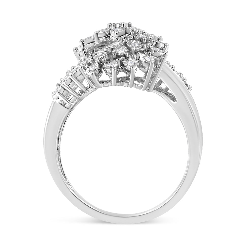 10K White Gold 1/2 Cttw Round and Baguette-Cut "S" Shaped Bypass Cocktail Ring (I-J Color, I1-I2 Clarity)