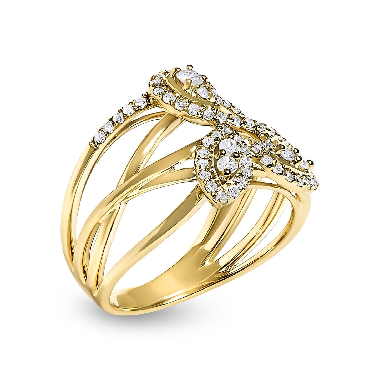 10K Yellow Gold 1/2 Cttw Diamond Crossover 3 Leaf Floral Cocktail Ring Band (H-I Color, SI1-SI2 Clarity)