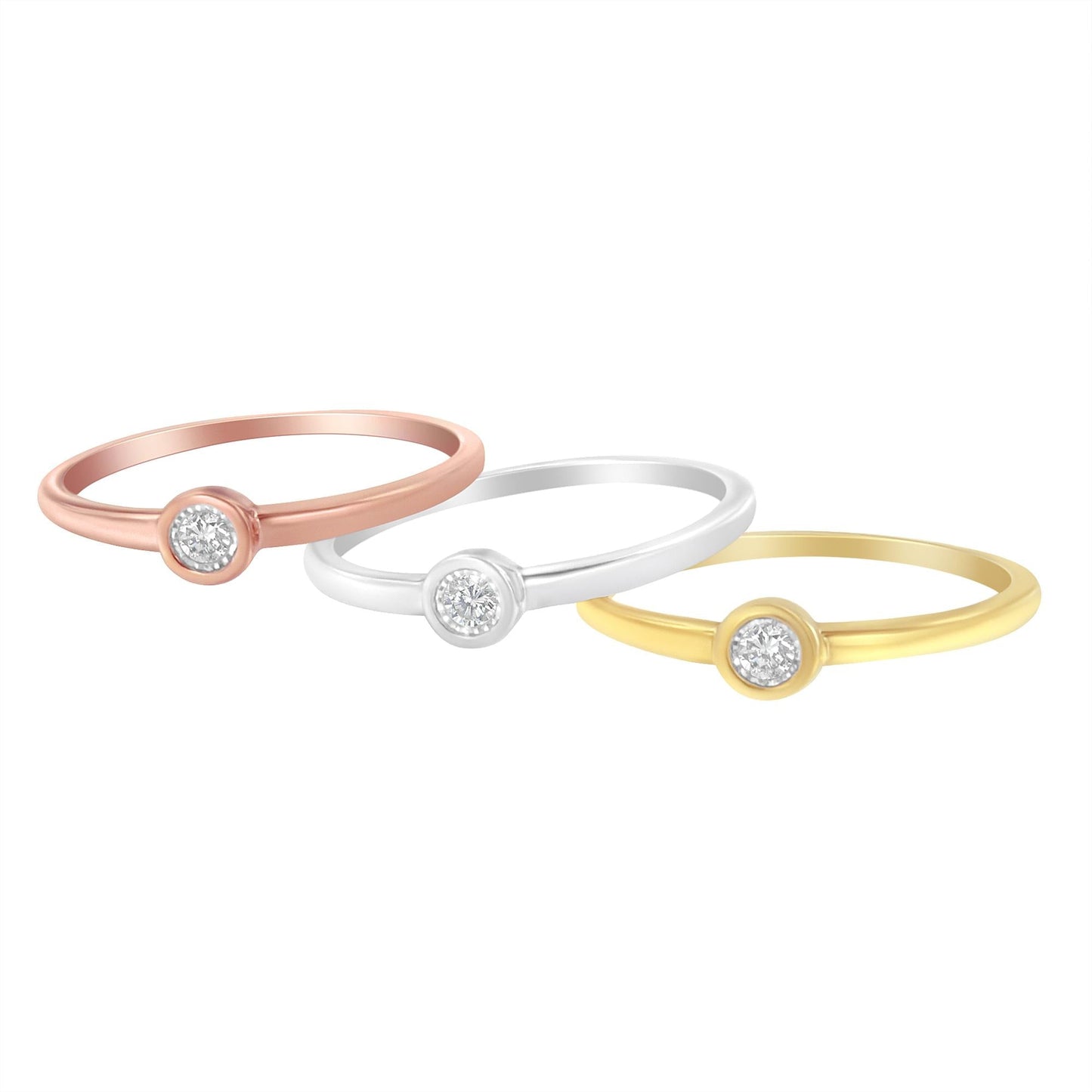 Tri-Color 14K Gold Plated .925 Sterling Silver 1/6 Cttw Round Miracle-Set Diamond Stacking Promise Ring Set (J-K Color, I1-I2 Clarity)