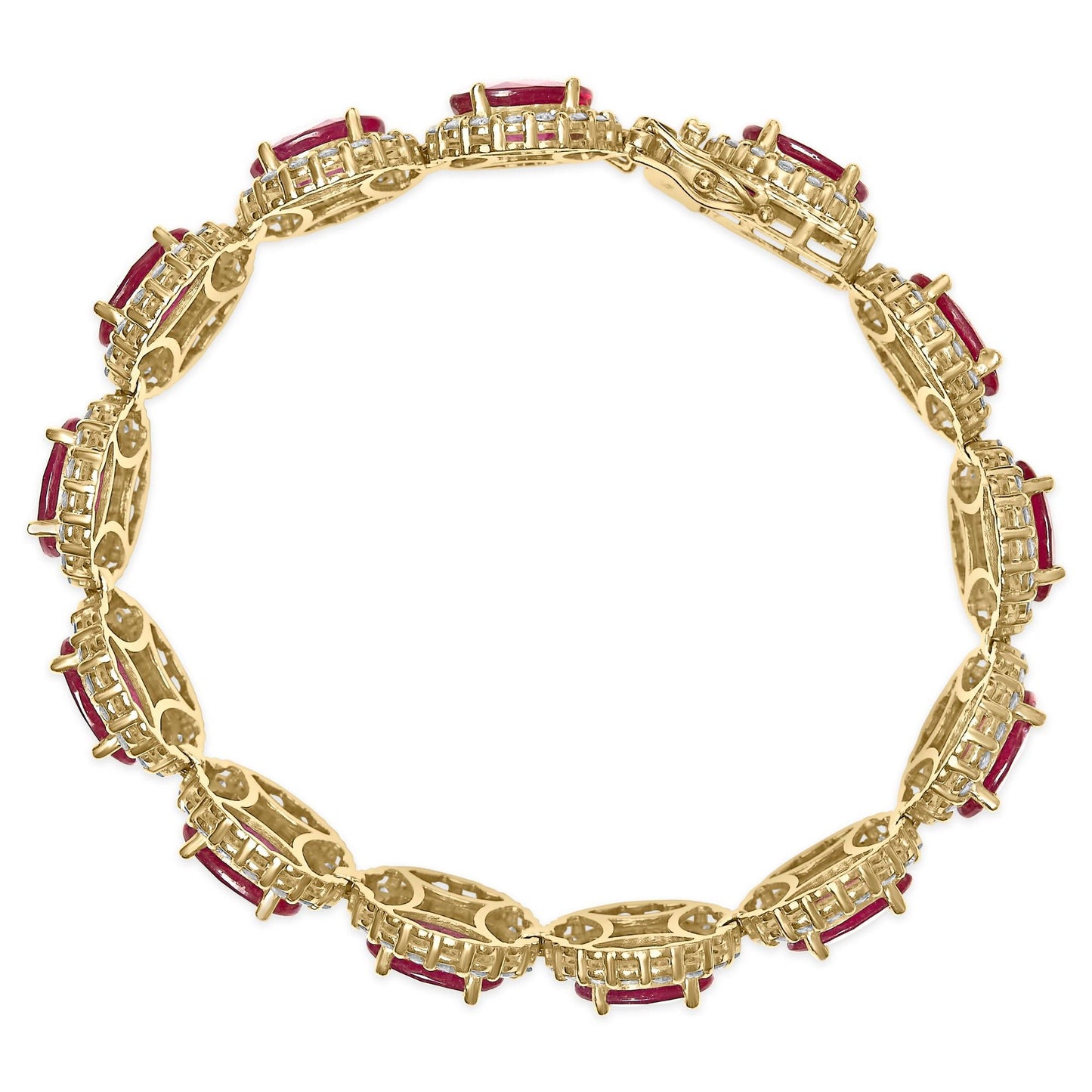 14K Yellow Gold 6 2/5 Cttw Diamond and 34.0 Cttw Oval Red Ruby Halo Link Bracelet (I-J Color, SI1-SI2 Clarity) - 7.25" Inches