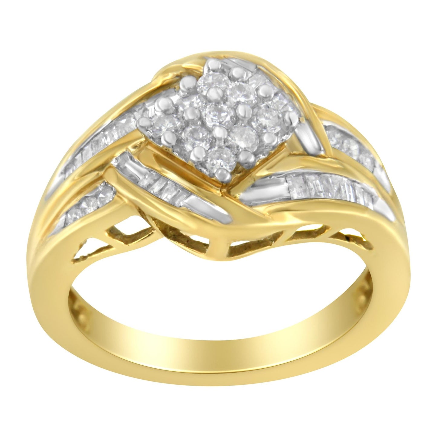 10K Yellow Gold Round and Baguette Cut Diamond Ring (1/2 Cttw, H-I Color, I1-I2 Clarity)