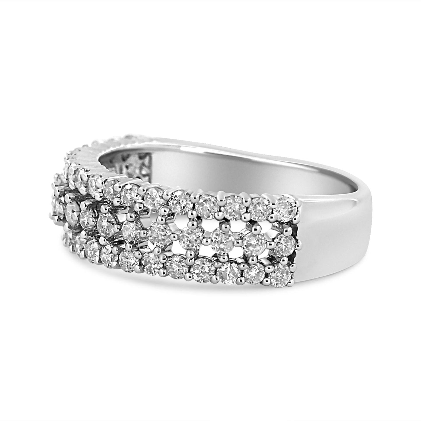 14K White Gold 1.0 Cttw Prong Set Round Diamond Split Shank Three Row Band Ring (H-I Color, I2-I3 Clarity)