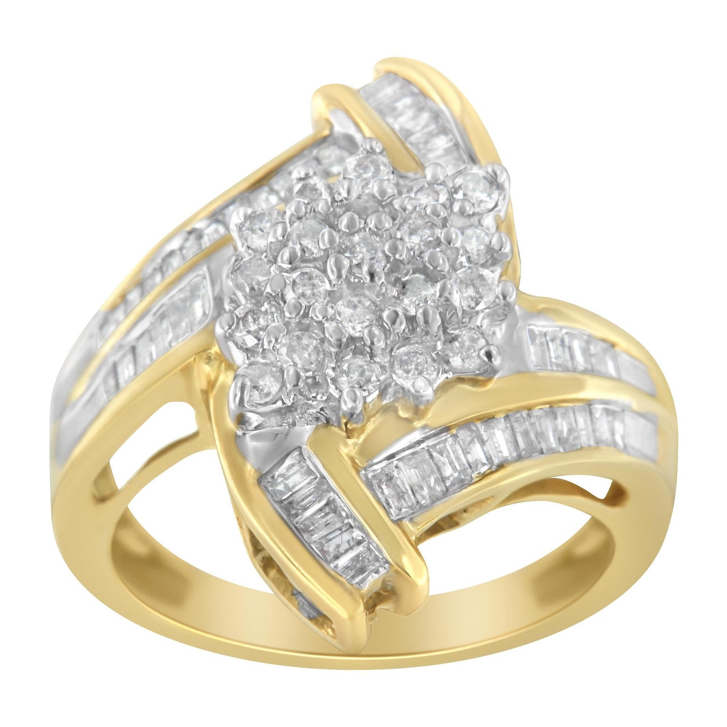 10K Yellow Gold Round and Baguette-Cut Diamond Bypass Cluster Ring (1.0 Cttw, I-J Color, I1-I2 Clarity)