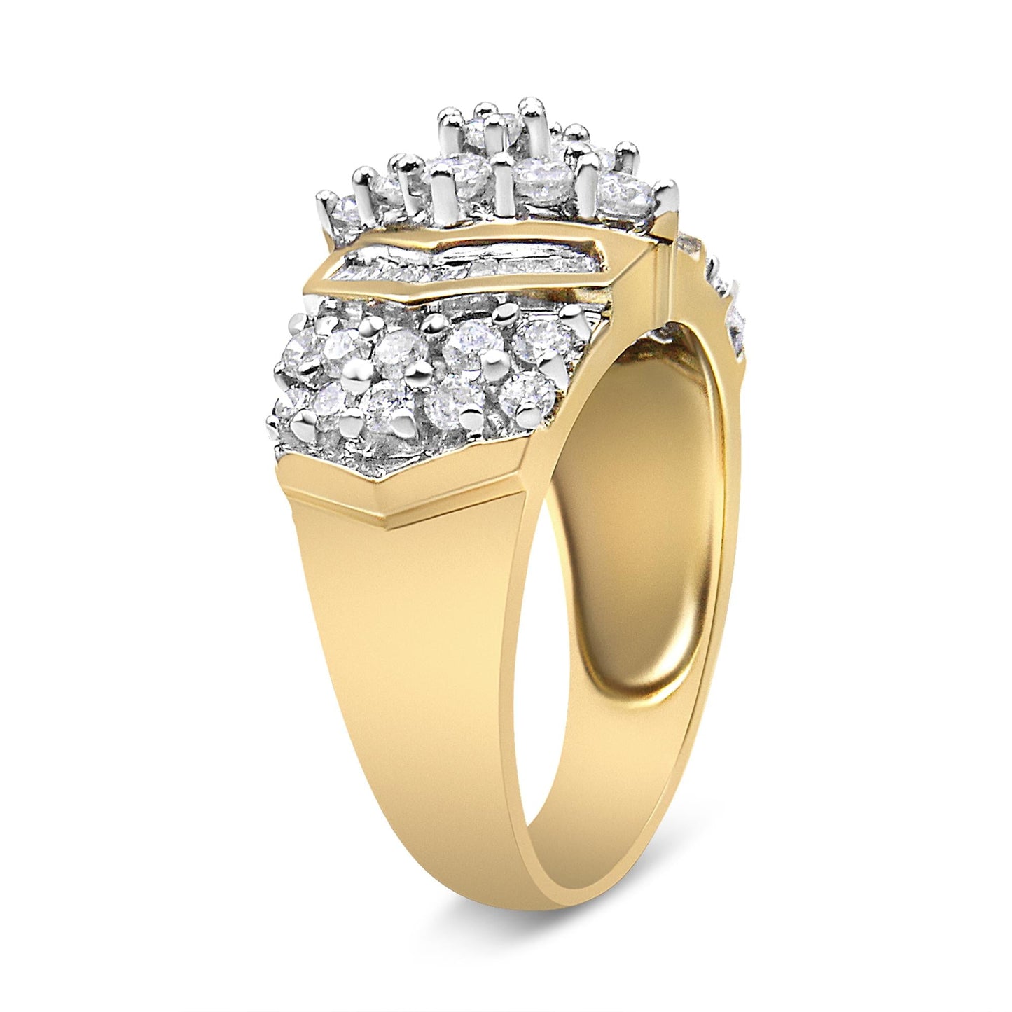 10K Yellow and White Gold 1.00 Cttw Round and Baguette-Cut Diamond Cluster Ring (H-I Color, I1-I2 Clarity)