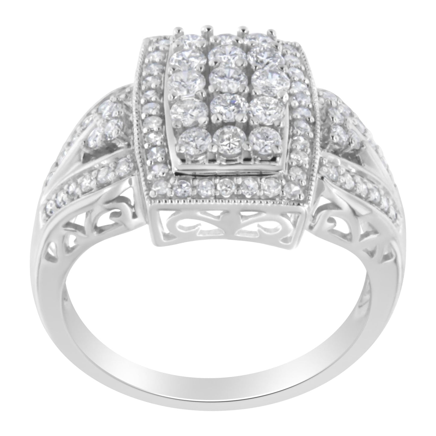 10K White Gold 1.0 Cttw Diamond Rectangular Cushion Shaped Cluster Halo Flared Band Cocktail Fashion Ring (H-I Color, SI2-I1 Clarity)