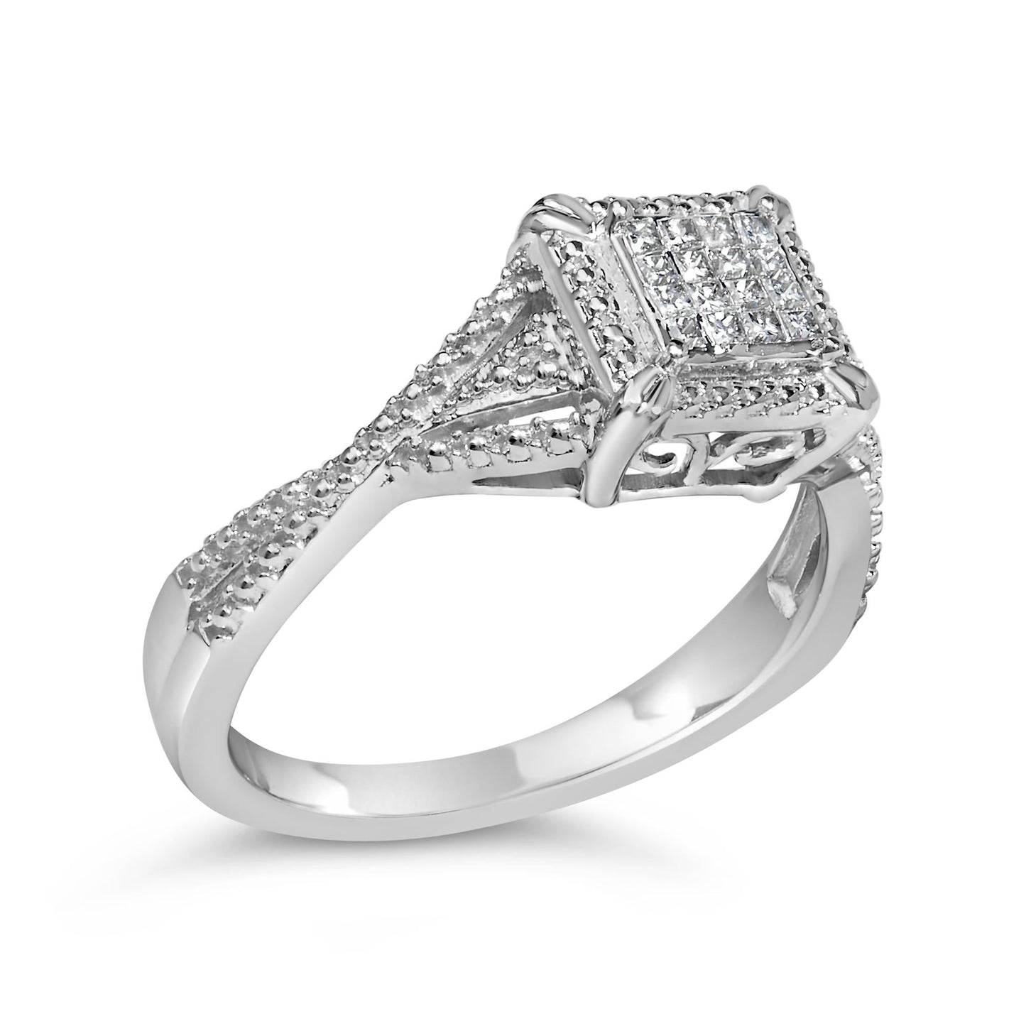 10K White Gold 1/7 Cttw Princess Cut Diamond Composite Head and Beaded Shank Engagement Ring (H-I Color, SI1-SI2 Clarity)