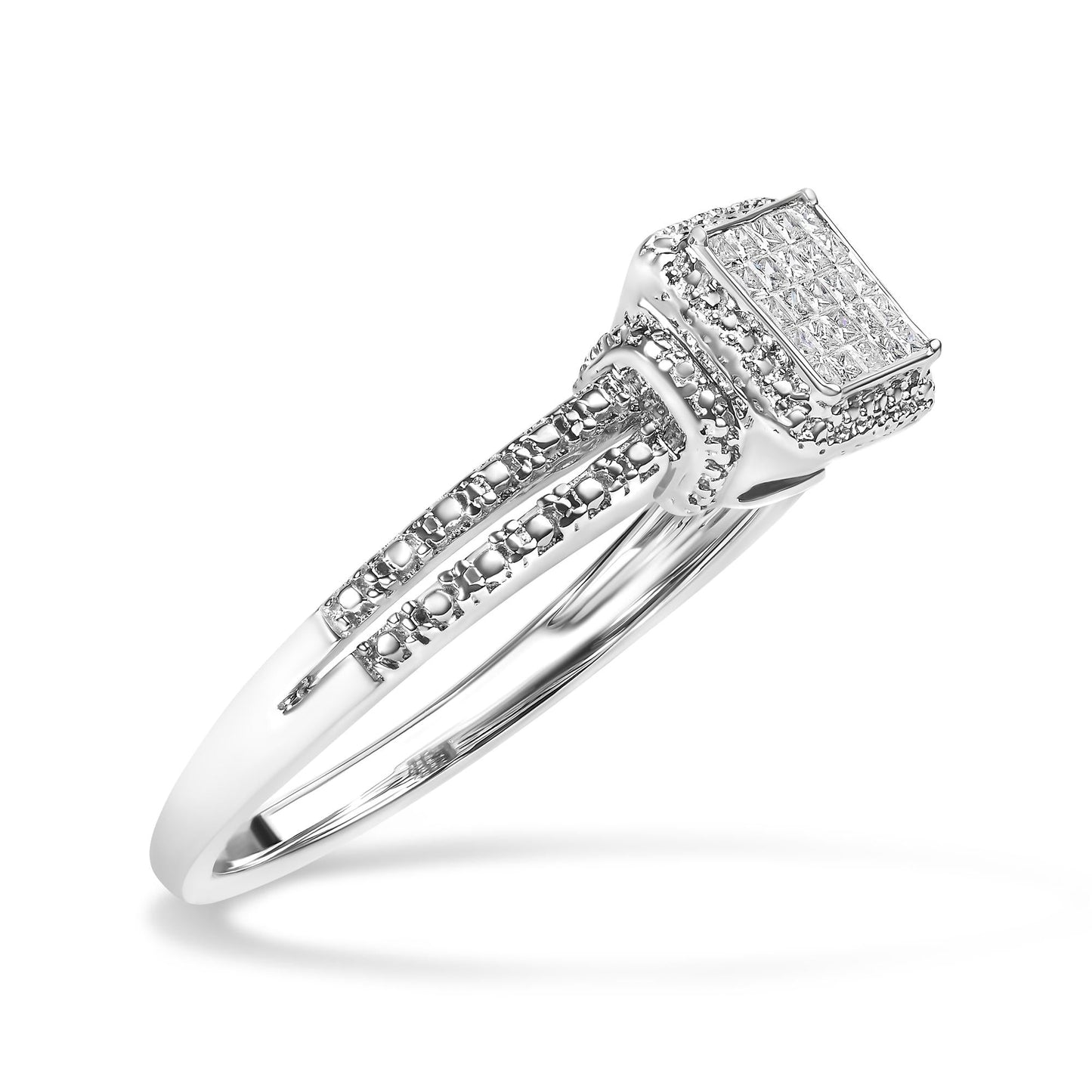 .925 Sterling Silver 1/4 Cttw Princess-cut Diamond Composite Ring with Beaded Halo (H-I Color, SI1-SI2 Clarity)