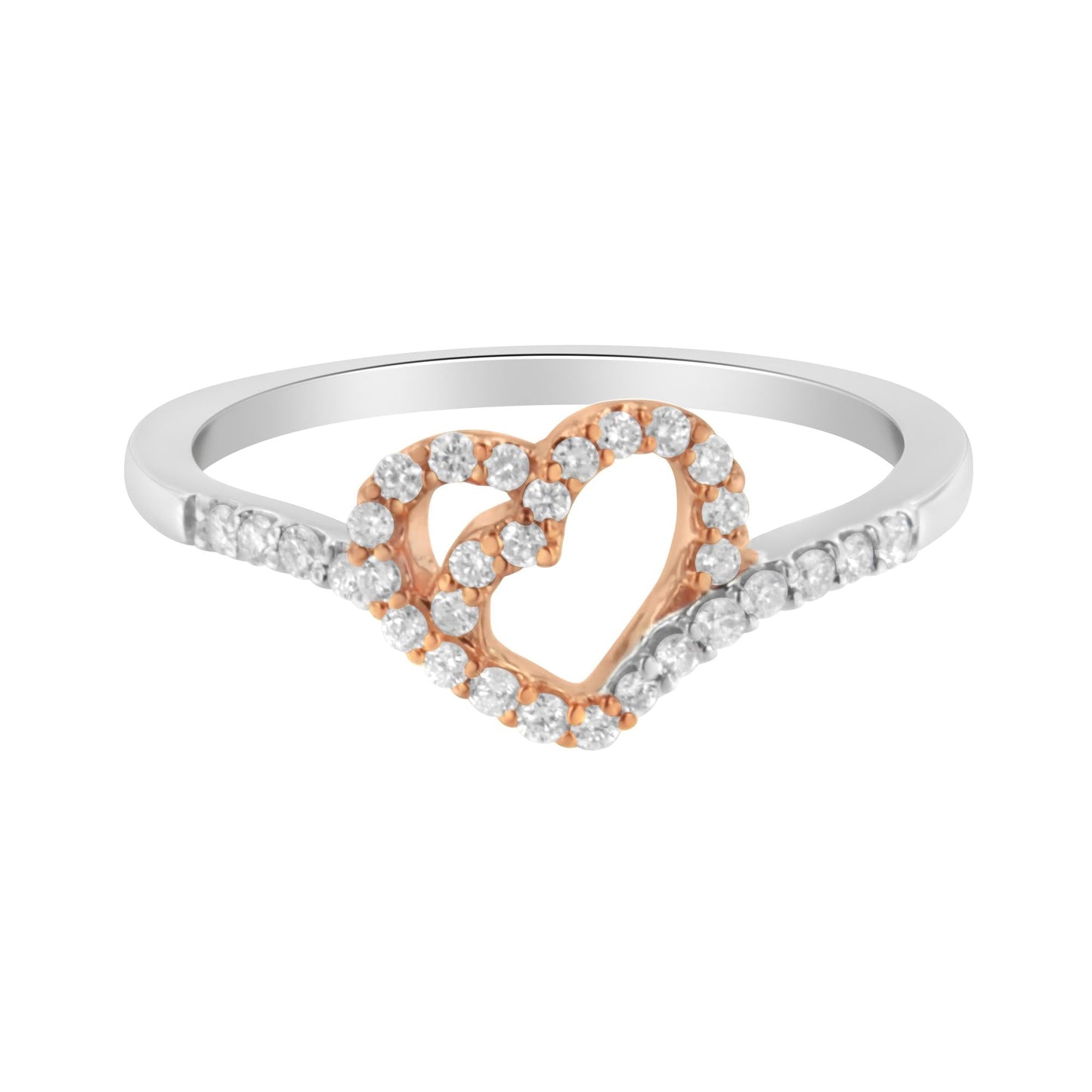 10K Rose Gold over .925 Sterling Silver 1/5 Cttw Diamond Two Tone Open Heart Promise or Fashion Ring (I-J Color, I2-I3 Clarity)