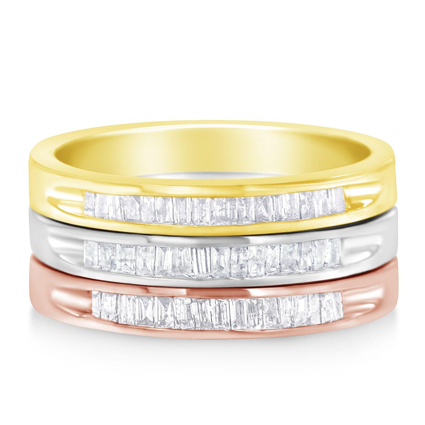 10K Yellow, White and Rose Gold over .925 Sterling Silver 5/8 Cttw Diamond Channel-Set Stackable Band Ring Set (H-I Color, I1-I2 Clarity)