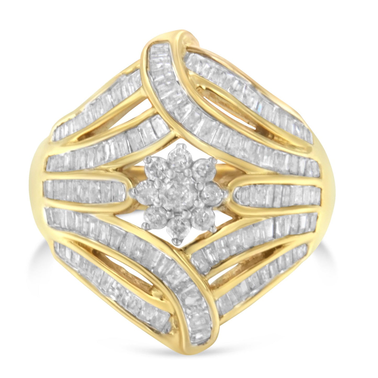 10K Yellow Gold Flashed .925 Sterling Silver 1-1/8 Cttw Round & Baguette Diamond 'Flower & Fern' Cluster Cocktail Fashion Ring (I-J Color, I2-I3 Clarity)