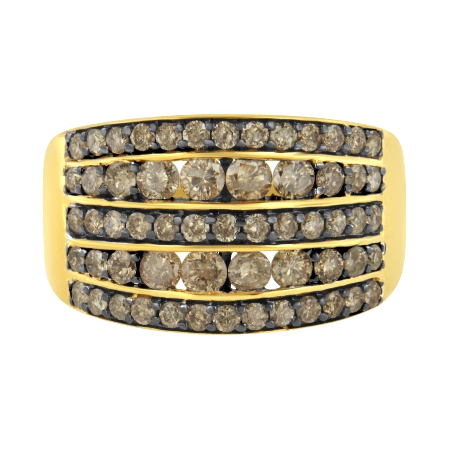 10K Yellow Gold Over .925 Sterling Silver 1 1/2 cttw Black Rhodium Shared-Prong Round-Cut Diamond 5 Row Band Ring (J-K Color, I1-I2 Clarity)