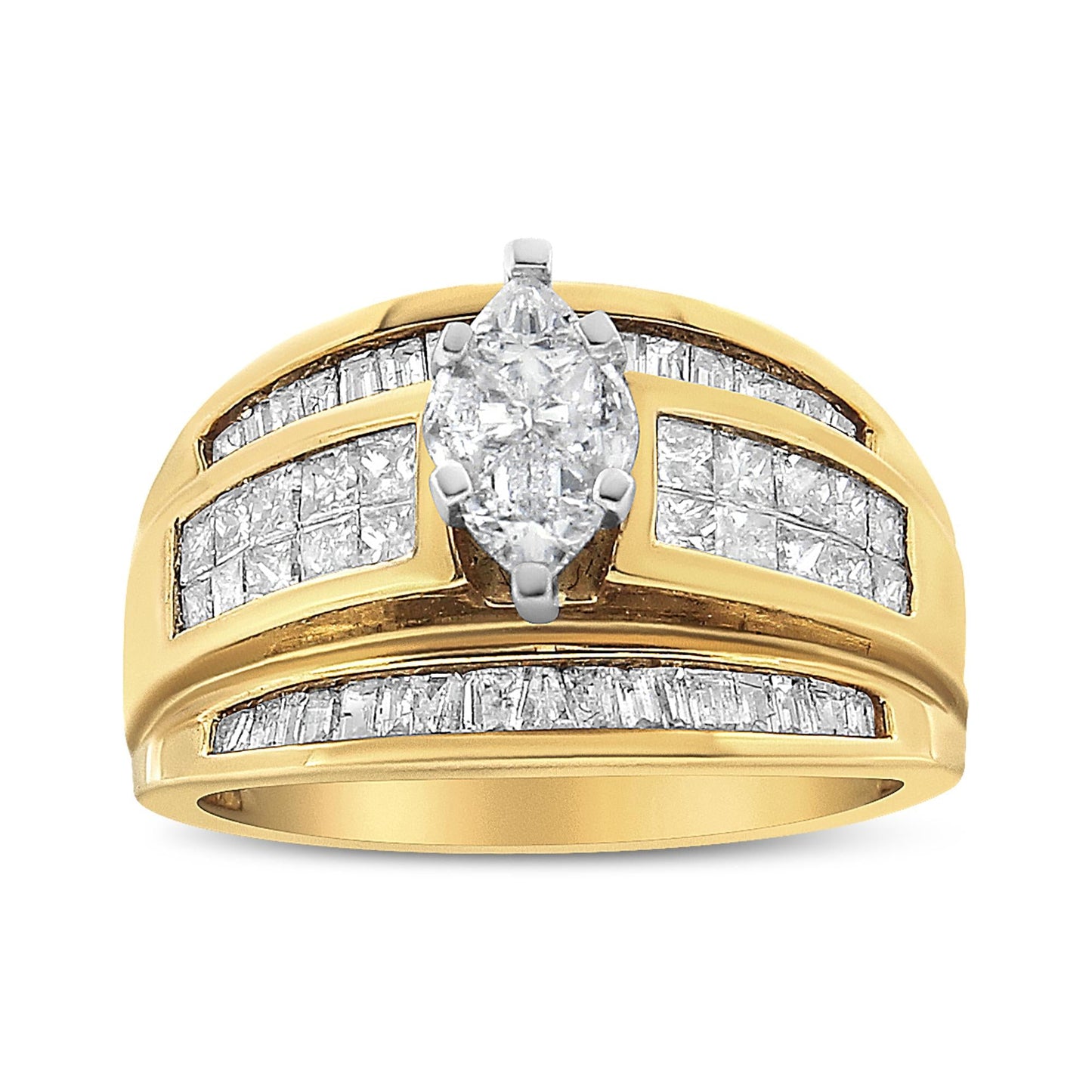 14K Yellow Gold 1 1/2 Cttw Pie, Princess and Baguette-cut Diamond Marquise Shaped Engagement Cocktail Ring Band (H-I Color, I1-I2 Clarity)