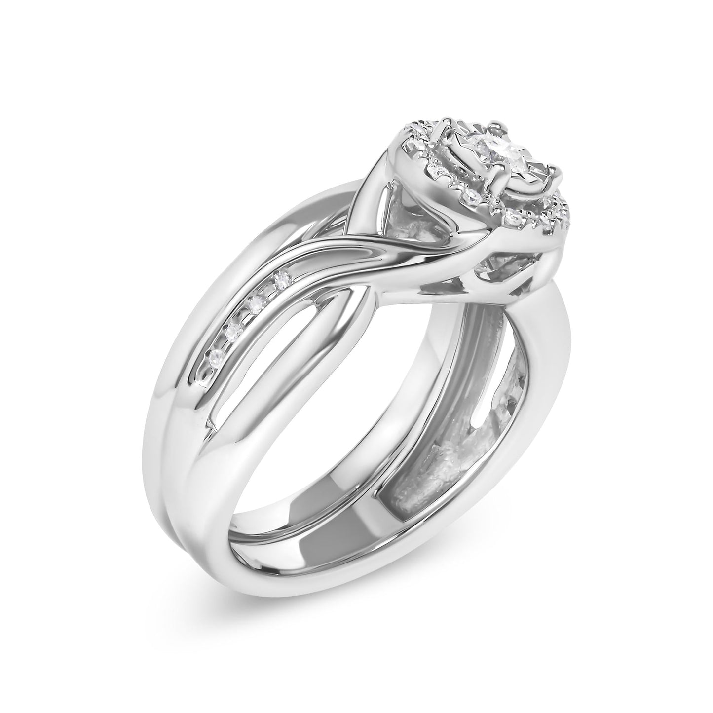 .925 Sterling Silver 1/7 Cttw Diamond Halo Bypass Engagement Ring and Wedding Band Set (I-J Color, I3 Clarity)