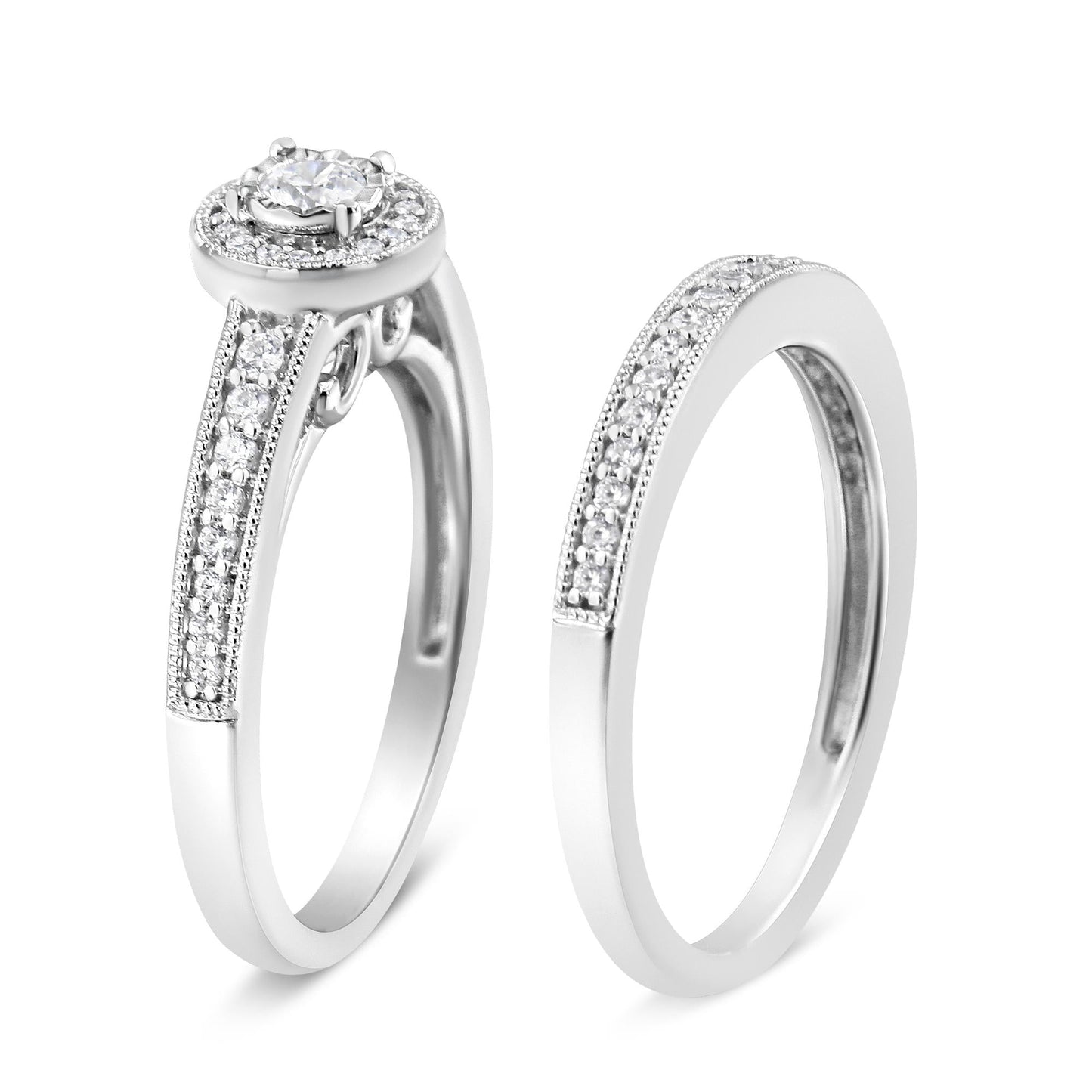 .925 Sterling Silver 1/2 Ctw Diamond Halo and Milgrain Engagement Ring Bridal Set (I-J Color, I3 Clarity)