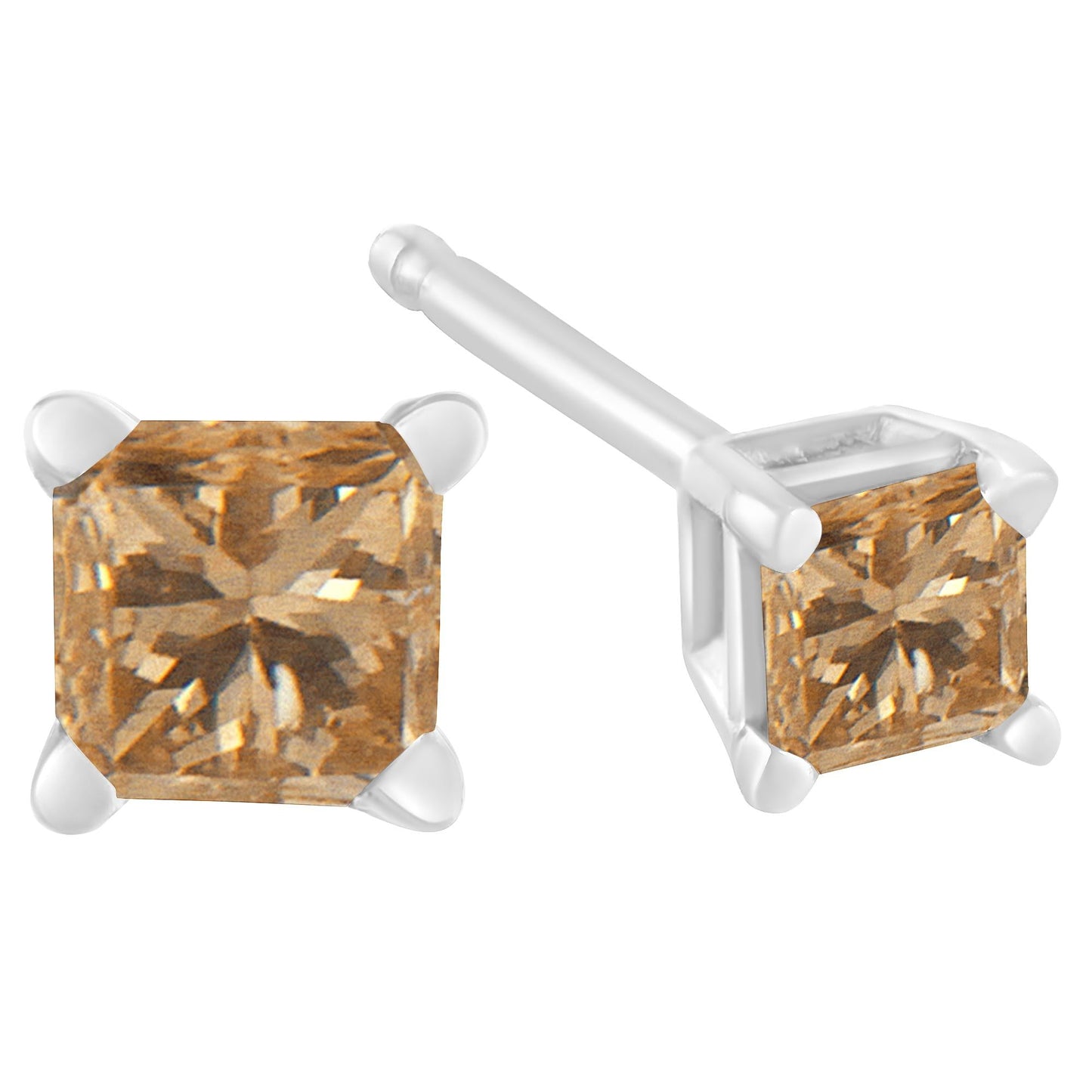 14K White Gold 0.40 Cttw Princess-Cut Square Champagne Diamond Stud Earrings (Natural Color, I2-I3 Clarity)