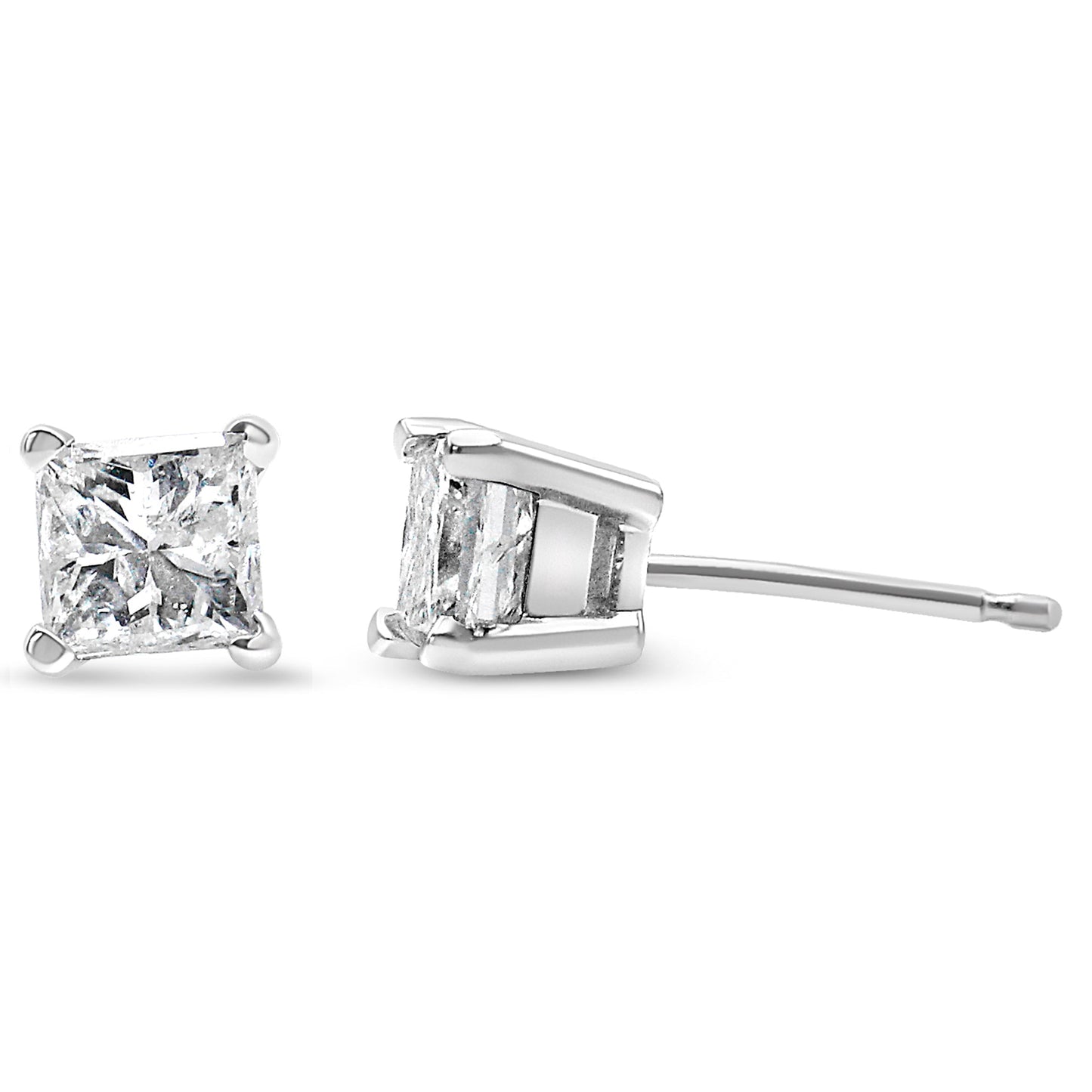 14K White Gold 1.00 Cttw Princess-Cut Square Near Colorless Diamond Classic 4-Prong Solitaire Stud Earrings (H-I Color, I1-I2 Clarity)