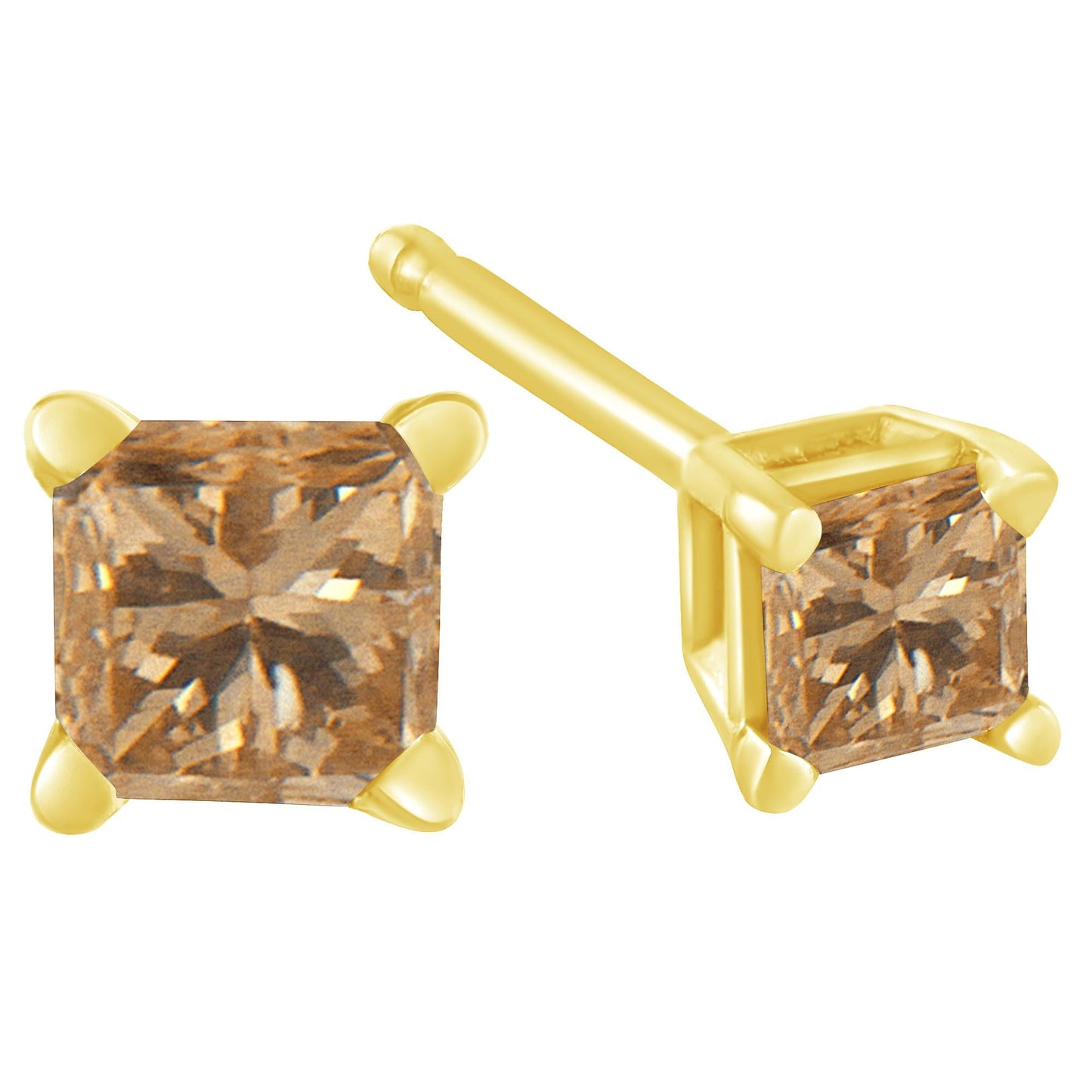 14K Yellow Gold 0.40 Cttw Princess-Cut Square Champagne Diamond Stud Earrings (Natural Color, I2-I3 Clarity)