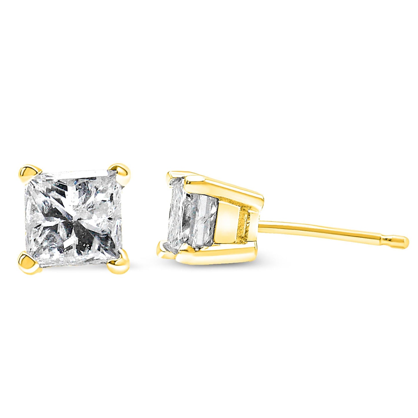 AGS Certified 14K Gold 1.0 Cttw 4-Prong Set Princess-Cut Solitaire Diamond Push Back Stud Earrings (J-K Color, I1-I2 Clarity)