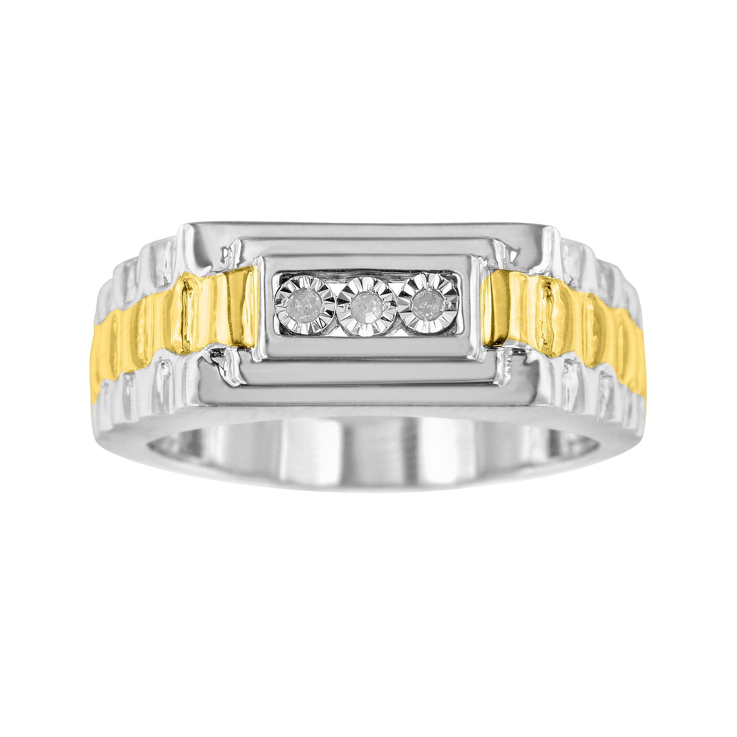 10K Yellow Gold Plated .925 Sterling Silver Diamond Accent Miracle-Set 3 Stone Ridged Band Gentlemen's Fashion Ring (I-J Color, I2-I3 Clarity)