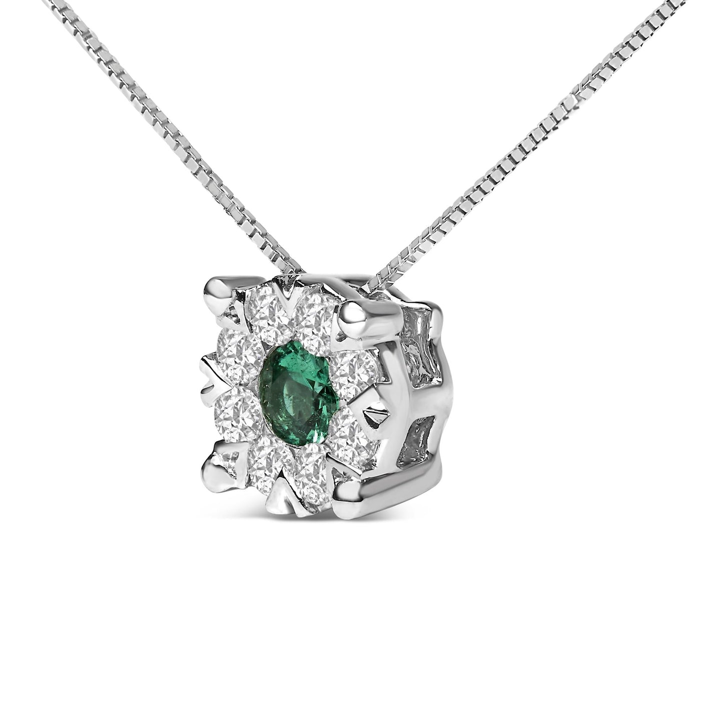 14K White Gold 3.8 MM Green Emerald and 1/3 Cttw Diamond Composite Halo 18" Pendant Necklace (F-G Color, VS2-SI1 Clarity)