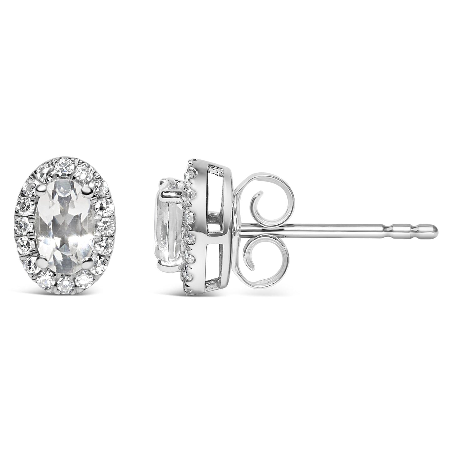 10K White Gold 5x3 MM Oval Cut Birthstone and Diamond Halo Stud Earrings (I-J Color, I1-I2 Clarity)