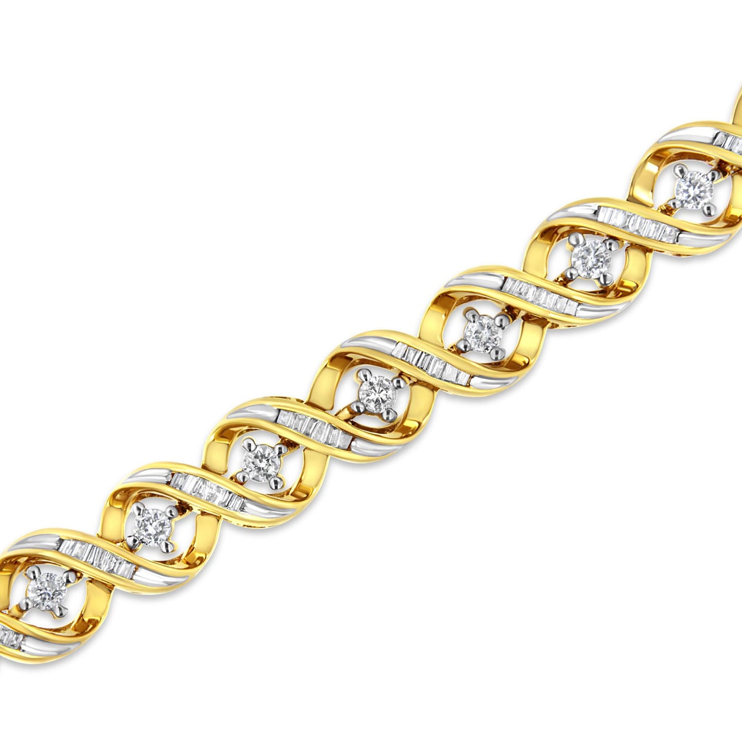 14K Yellow and White Gold 3.0 Cttw Round and Baguette-Cut Diamond Infinity Swirl Link Bracelet (H-I Color, I2-I3 Clarity) - 7"