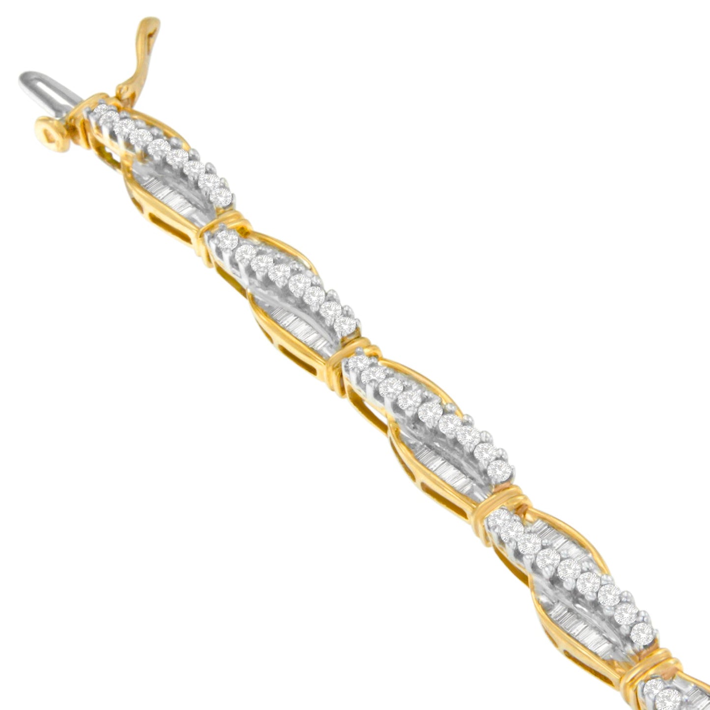 14K Yellow Gold Round and Baguette Cut Winding Love Diamond Bracelet (3.00 cttw, H-I Color, SI1-SI2 Clarity)