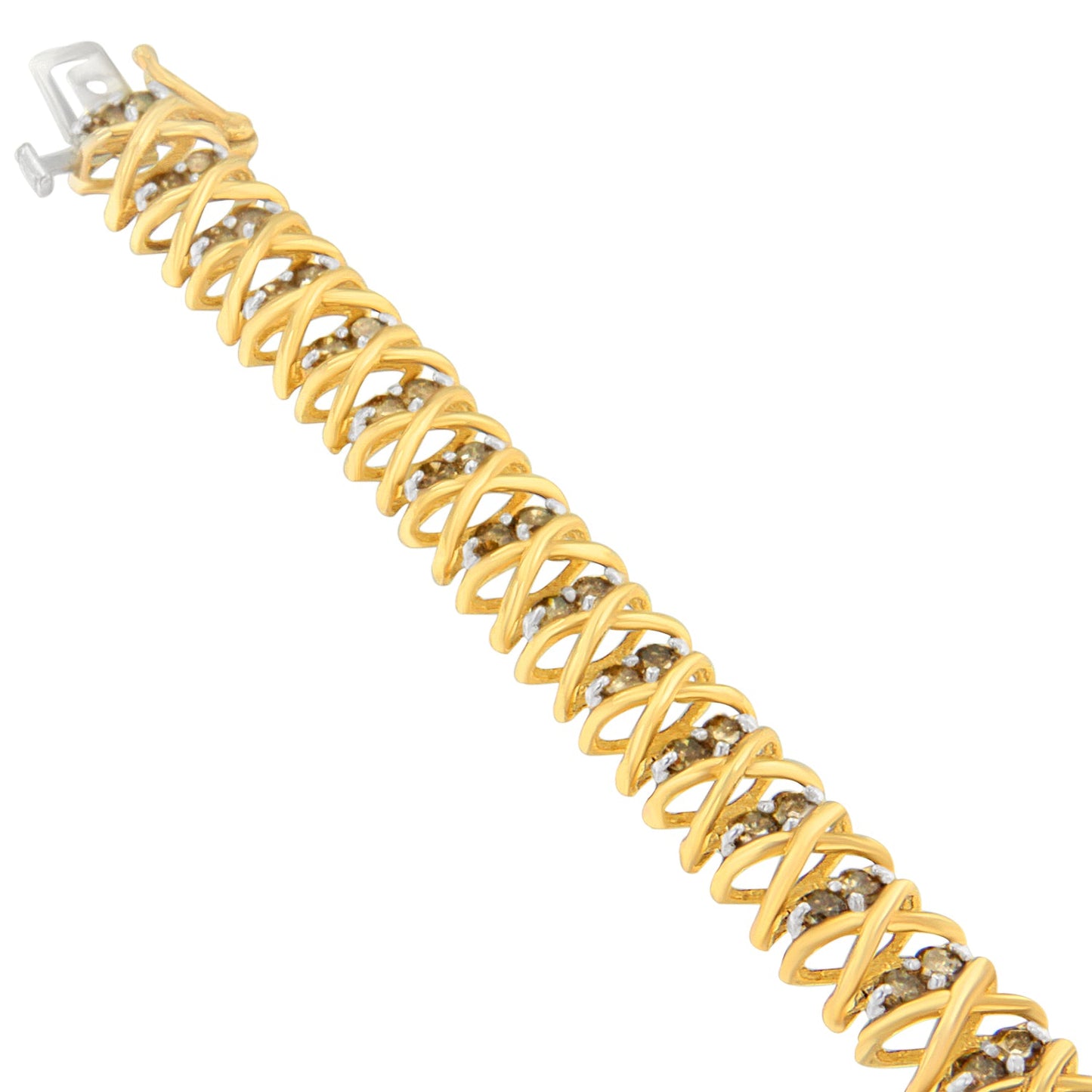 10K Yellow Gold Round Cut Champagne Diamond Interlocking Diamond Bracelet (4.00 cttw, J-K Color, I2-I3 Clarity)