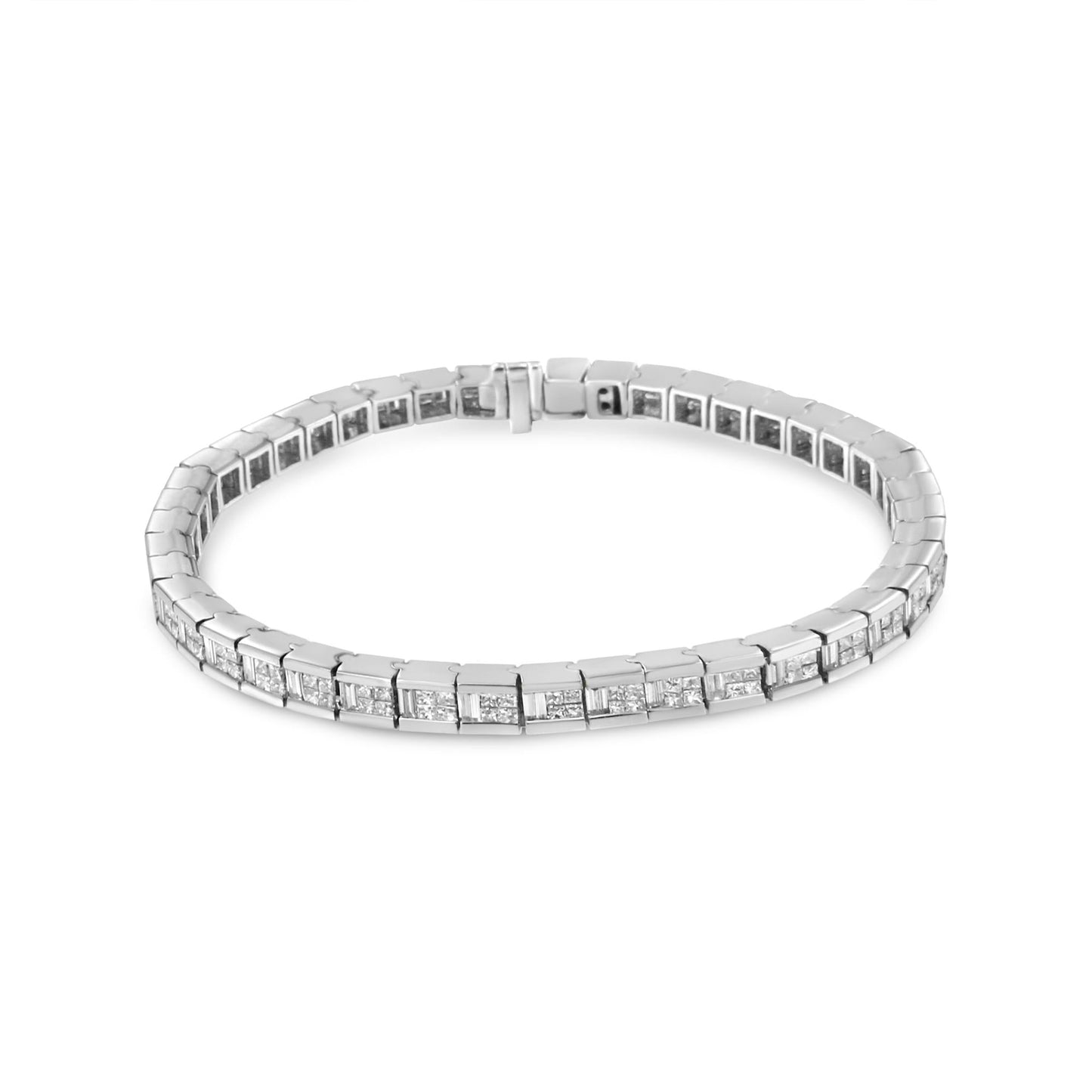 14K White Gold 4 3/8 Cttw Alternating Invisible Set Princess and Baguette Diamond Tennis Bracelet (G-H Color, VS1-VS2 Clarity) - Size 7"