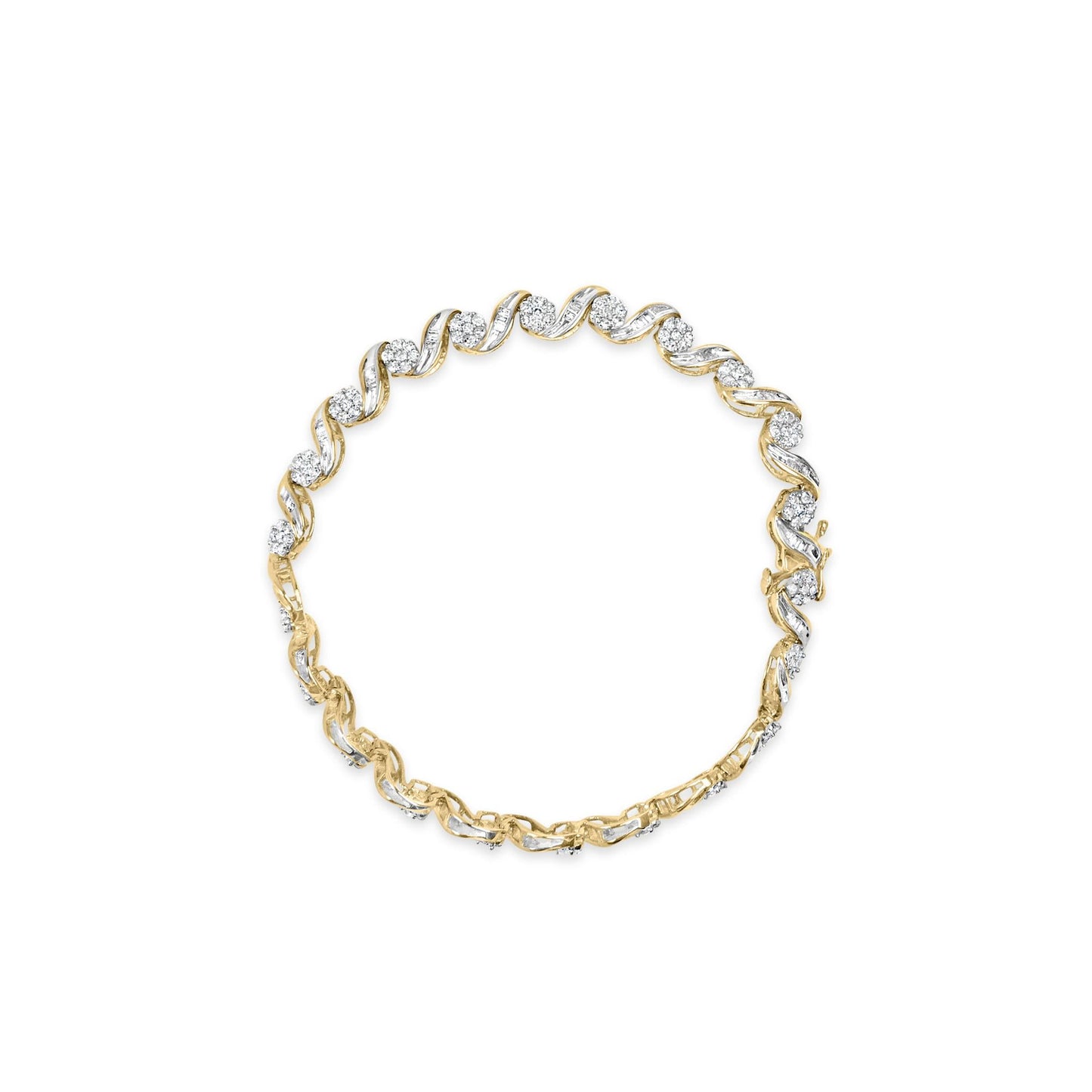 10K Yellow Gold 2.00 Cttw Round-Cut and Baguette-Cut Diamond Floral Design Swirl Link 7" Bracelet (I-J Color, I1-I2 Clarity)