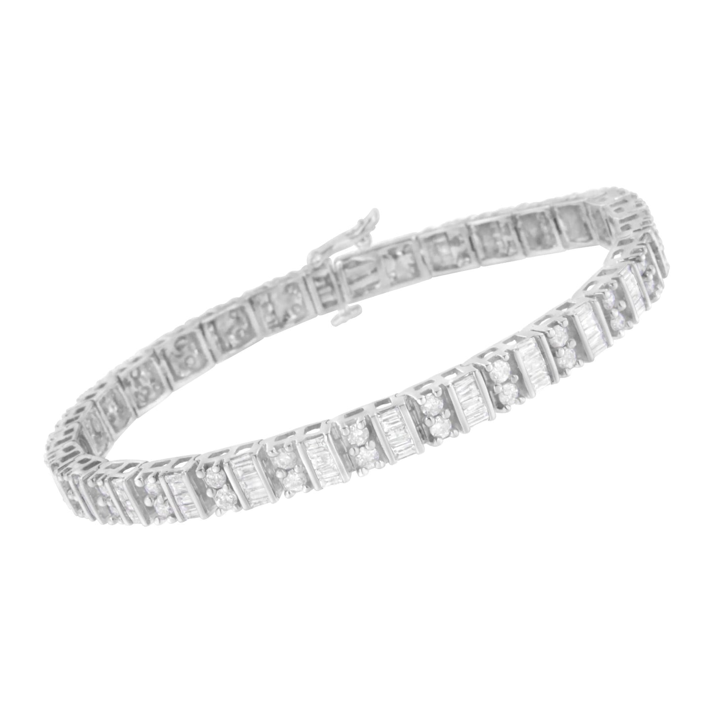 10K White Gold 4.0 Cttw Alternating Baguette & Round Cut Diamond Bezel- & Prong-Set 7" Tennis Bracelet (G-H Color, SI1-SI2 Clarity)