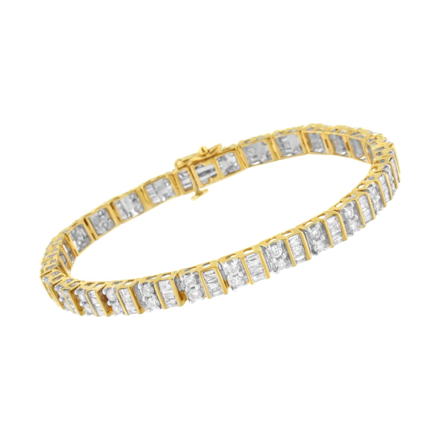 10K Yellow Gold 4.0 Cttw Alternating Baguette & Round Cut Diamond Bezel- & Prong-Set 7" Tennis Bracelet (G-H Color, SI1-SI2 Clarity)