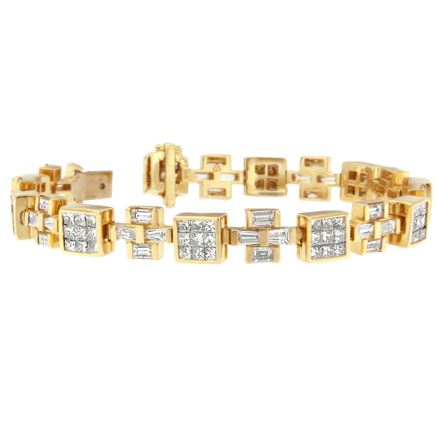 14K Yellow Gold Princess and Baguette Cut Diamond Cubes and Crosses Bracelet (8 1/3 cttw, G-H Color, VS1-VS2 Clarity)