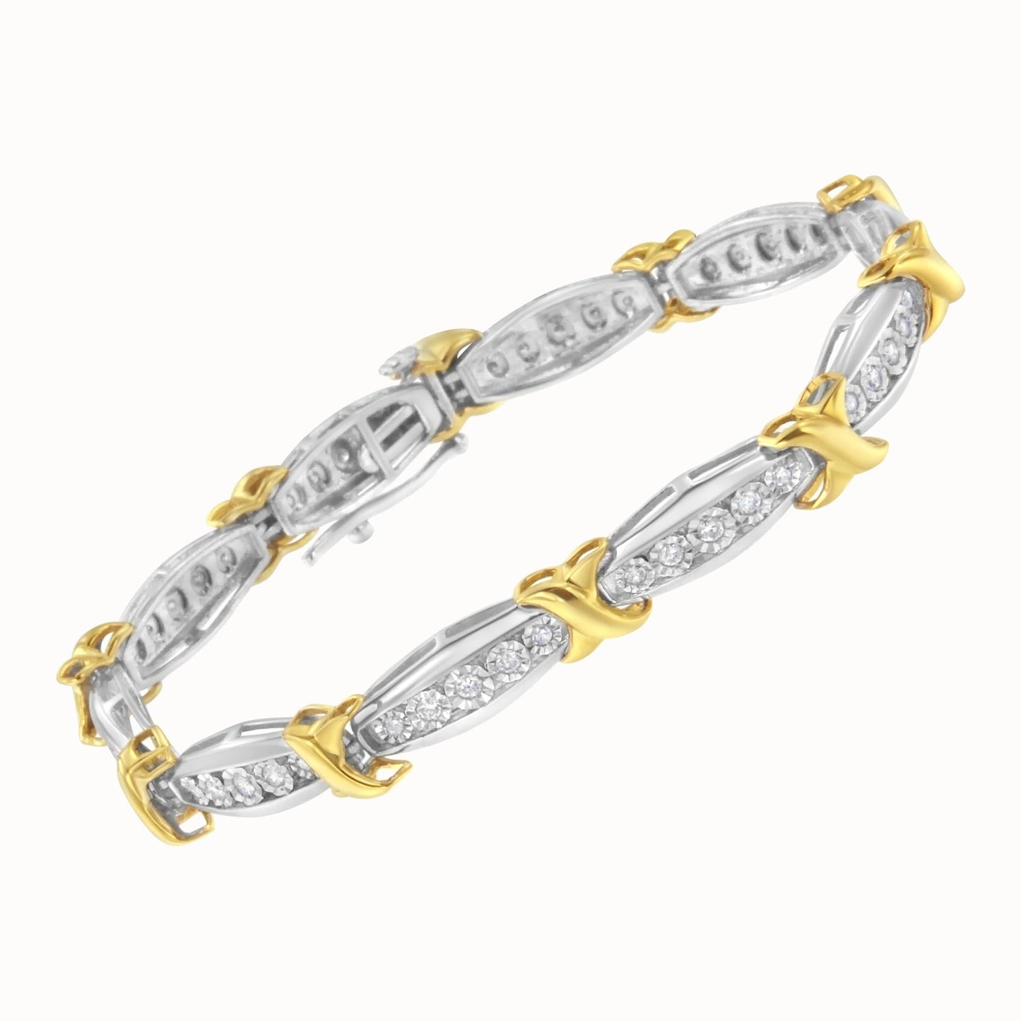 10K Yellow Gold Plated .925 Sterling Silver Two Tone 3/4 CttwDiamond X & O Link Tennis Bracelet (H-I Color, I1-I2 Clarity) - 7”