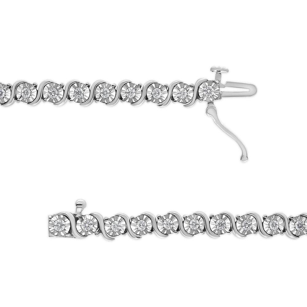 14K White Gold 1.00 Cttw Lab Grown Diamond Round Miracle Plate and "S" Link Tennis Bracelet (F-G Color, VS2-SI1 Clarity) Size 7"