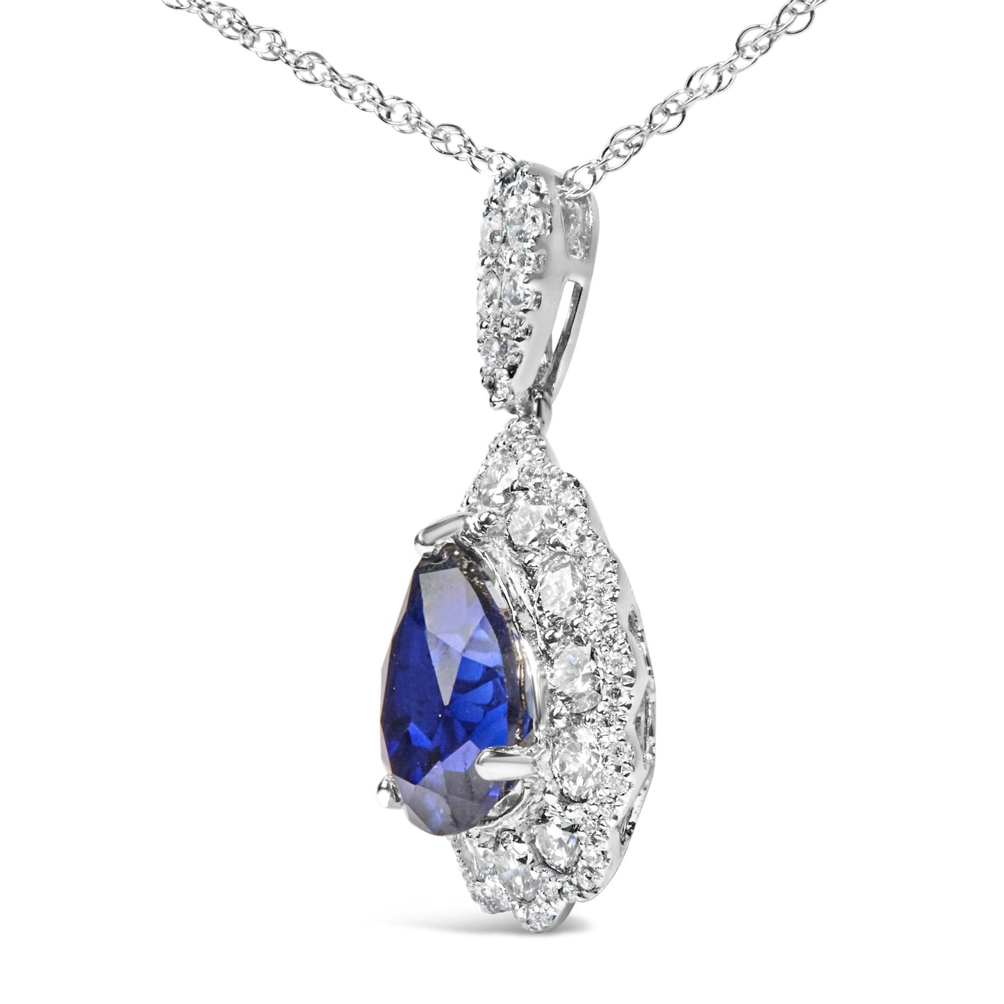 18K White Gold Recrystallized 9x7 MM Pear Shaped Blue Sapphire and 2 4/5 Cttw Diamond Halo and Bail 18" Inch Pendant Necklace (G-H Color, SI1-SI2 Clarity)