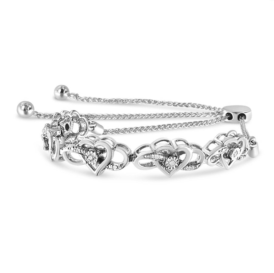 .925 Sterling Silver Miracle Set Diamond Accented Infinity Hearts 6”-9” Adjustable Bolo Bracelet (H-I Color, I2-I3 Clarity)