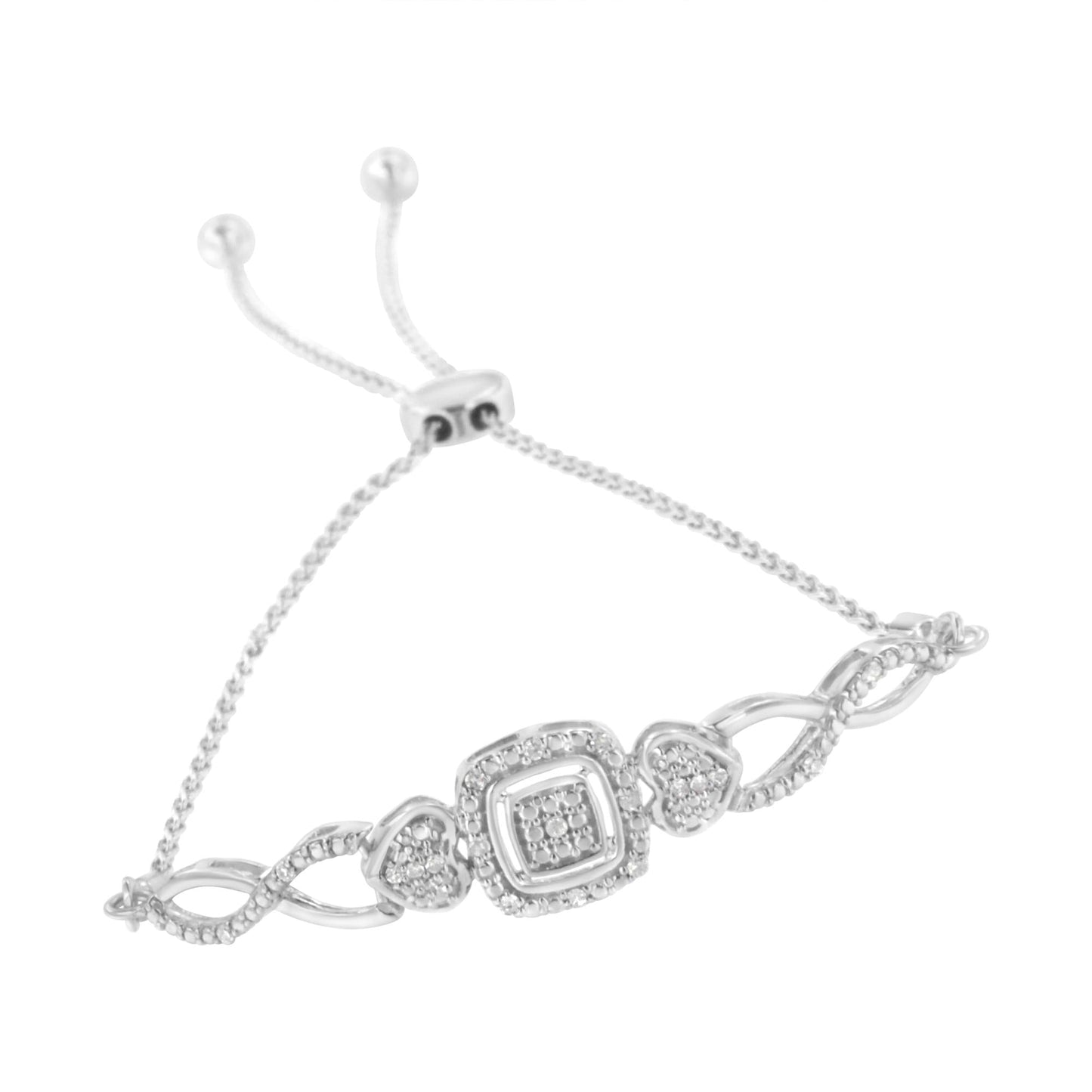 .925 Sterling Silver Diamond Cushion Frame Heart-Sides Twist 4”-10” Adjustable Bolo Tennis Bolo Bracelet (I-J Color, I3 Clarity)