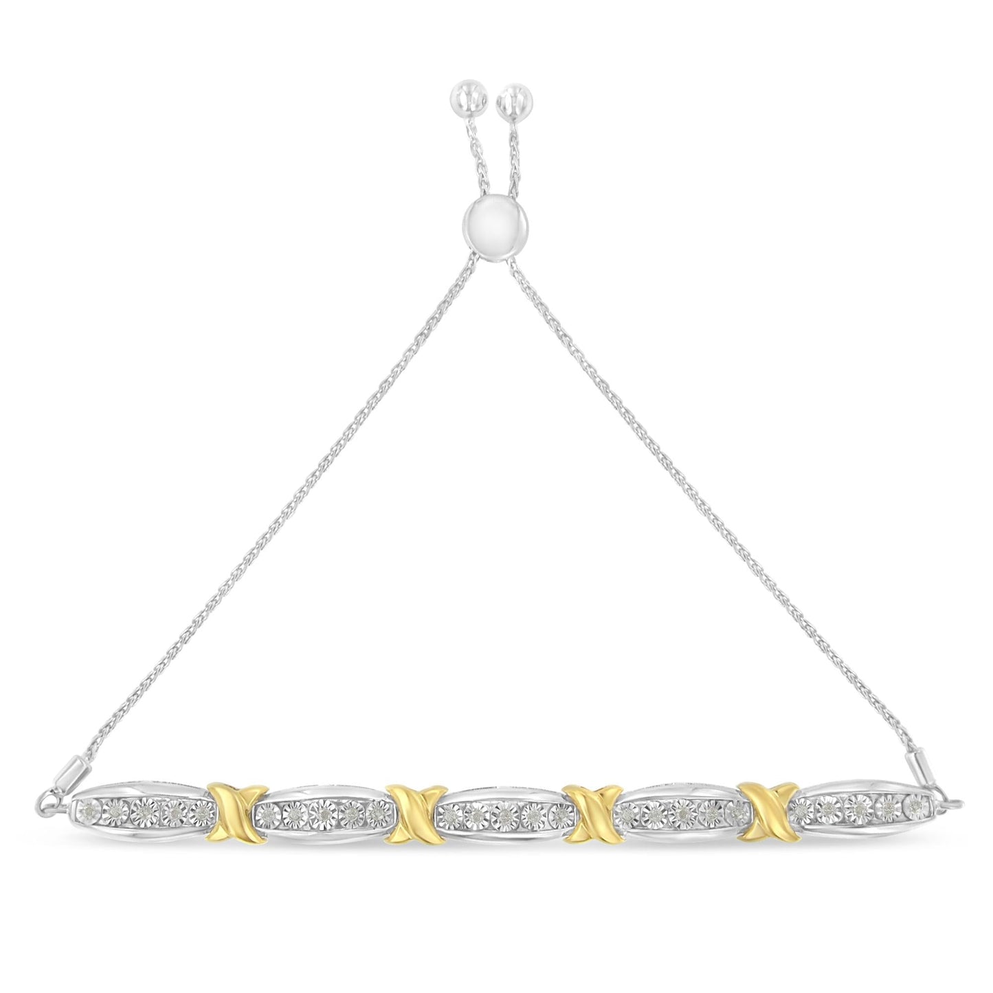 .925 Sterling Silver 1/4 Cttw Round-Cut Diamond X & Tapered Bar Miracle-Set Bolo Bracelet (I-J Color, I3 Clarity) - Two Tone Yellow Gold & Silver