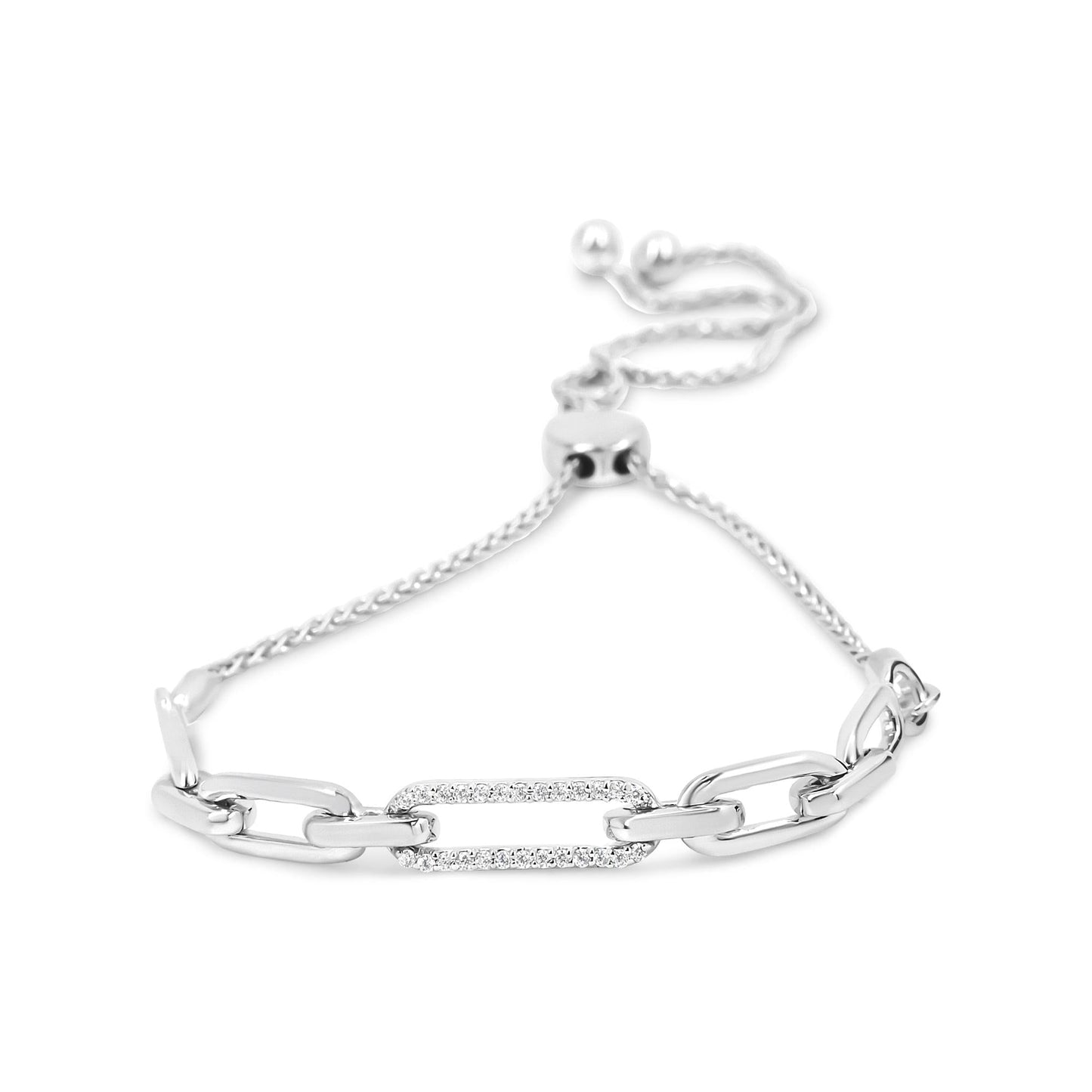 .925 Sterling Silver 1/10 Cttw Diamond Paperclip Link Adjustable Bolo Bracelet (I-J Color, I2-I3 Clarity)