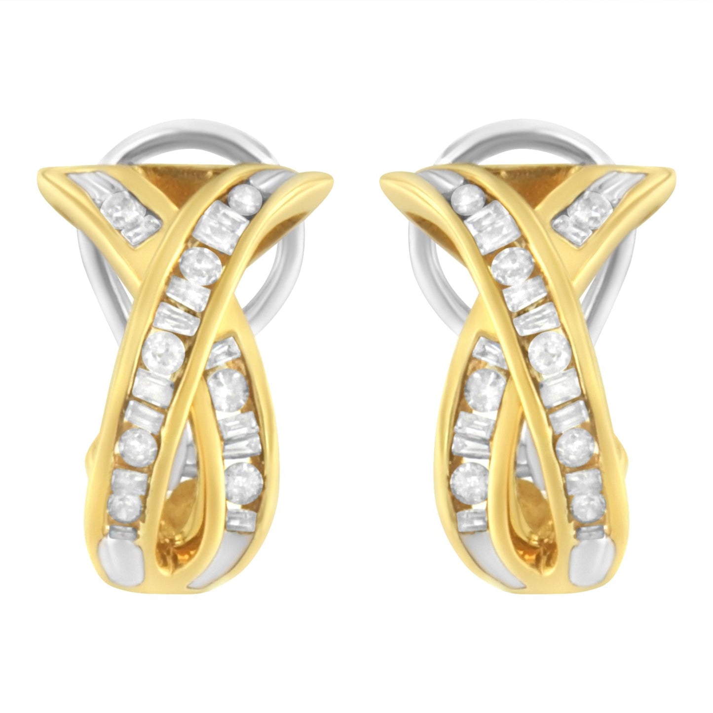 14K Yellow and White Gold 1/2 TDW "X" Shape Cross Over Diamond Hoop Earrings (I-J, I2-I3)