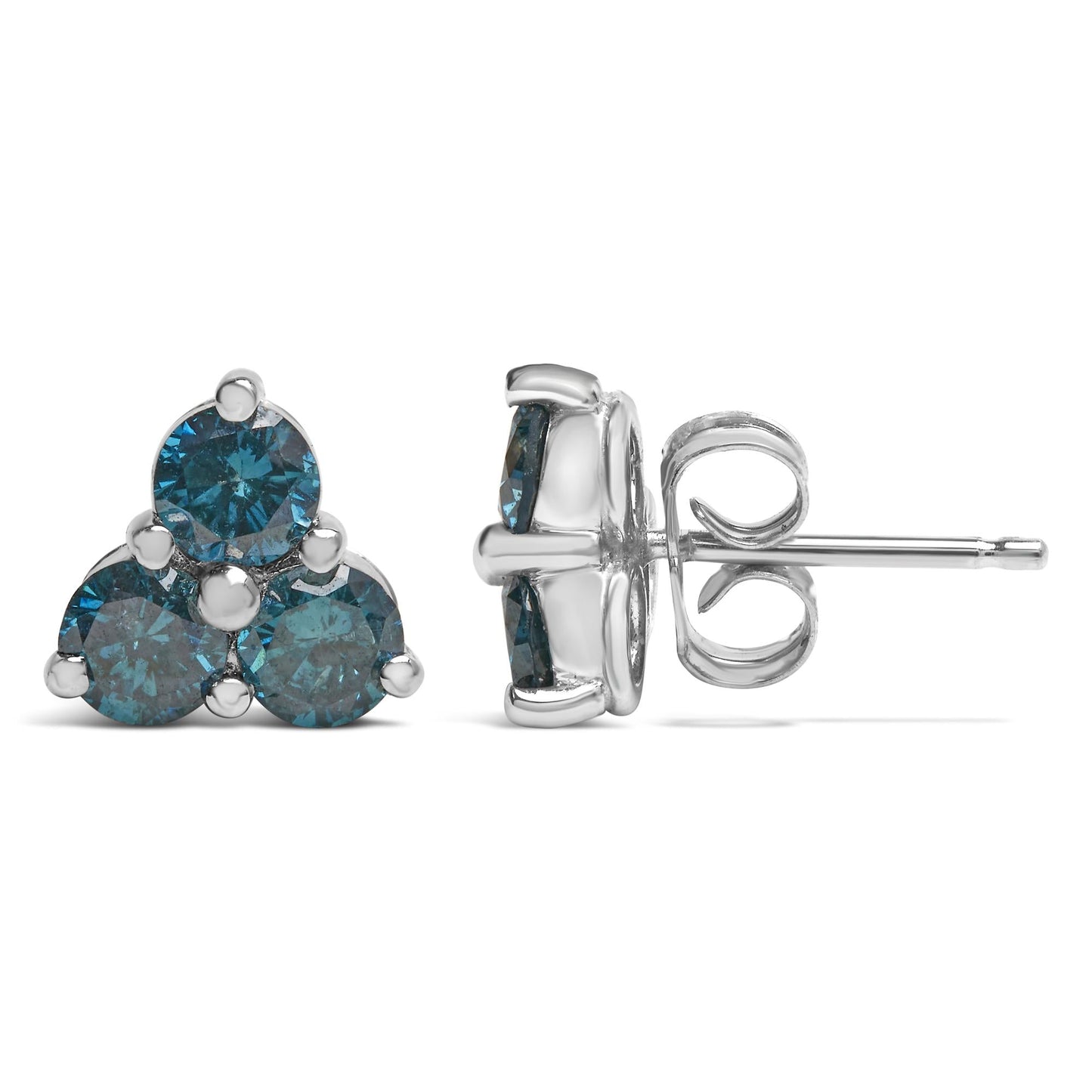 14KT White Gold Treated Blue Diamond Trio Stud Earrings (1 1/3 cttw, Blue)