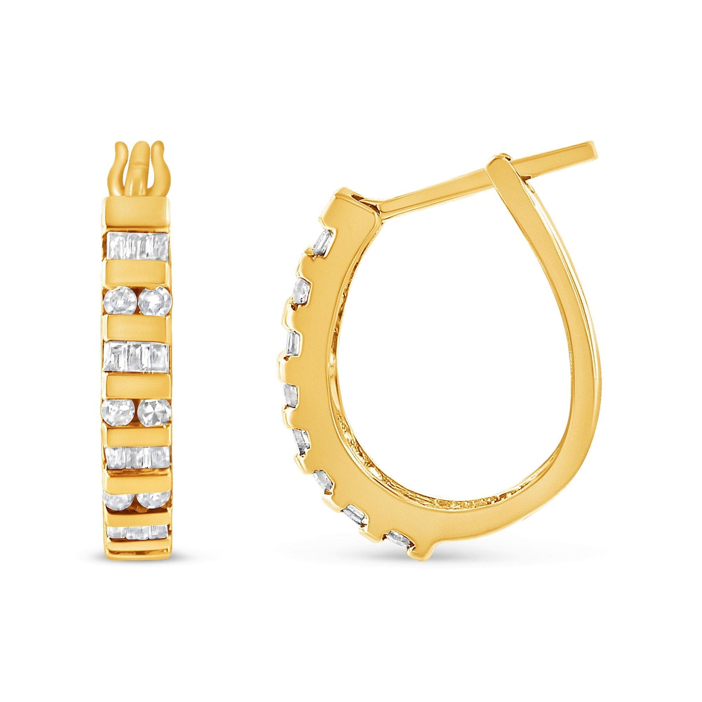 10K Gold Round and Baguette-Cut Diamond Hoop Earrings (I-J Color, I2-I3 Clarity)