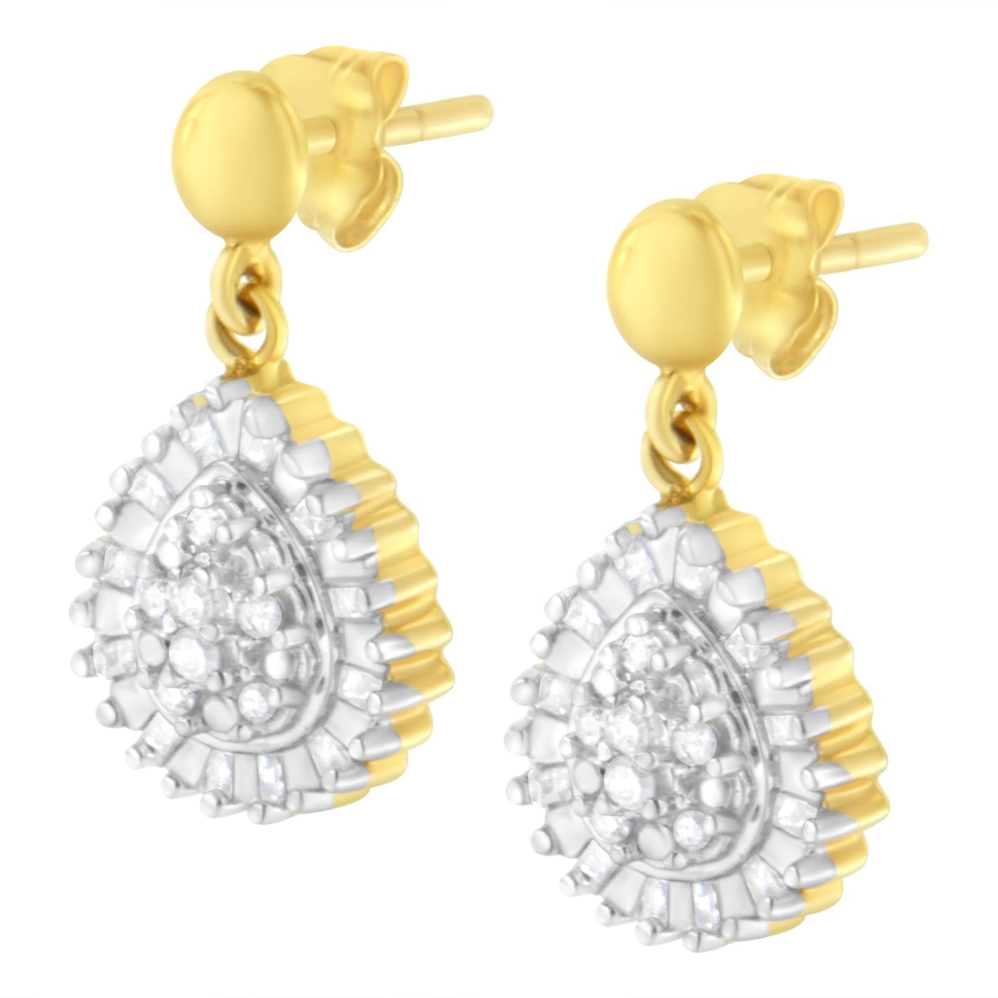 10K Yellow Gold 1/4 Cttw Round and Baguette-Cut Diamond Cluster Drop and Dangle Stud Earrings (I-J Color, I2-I3 Clarity)