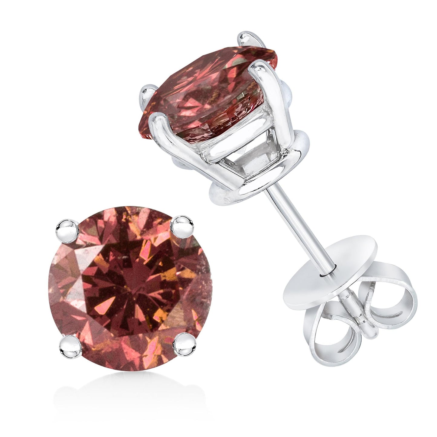 14K Gold 4-Prong Set Round Brilliant-Cut Pink Diamond Solitaire Stud Earrings (Treated Pink Color, VS2-SI1 Clarity)