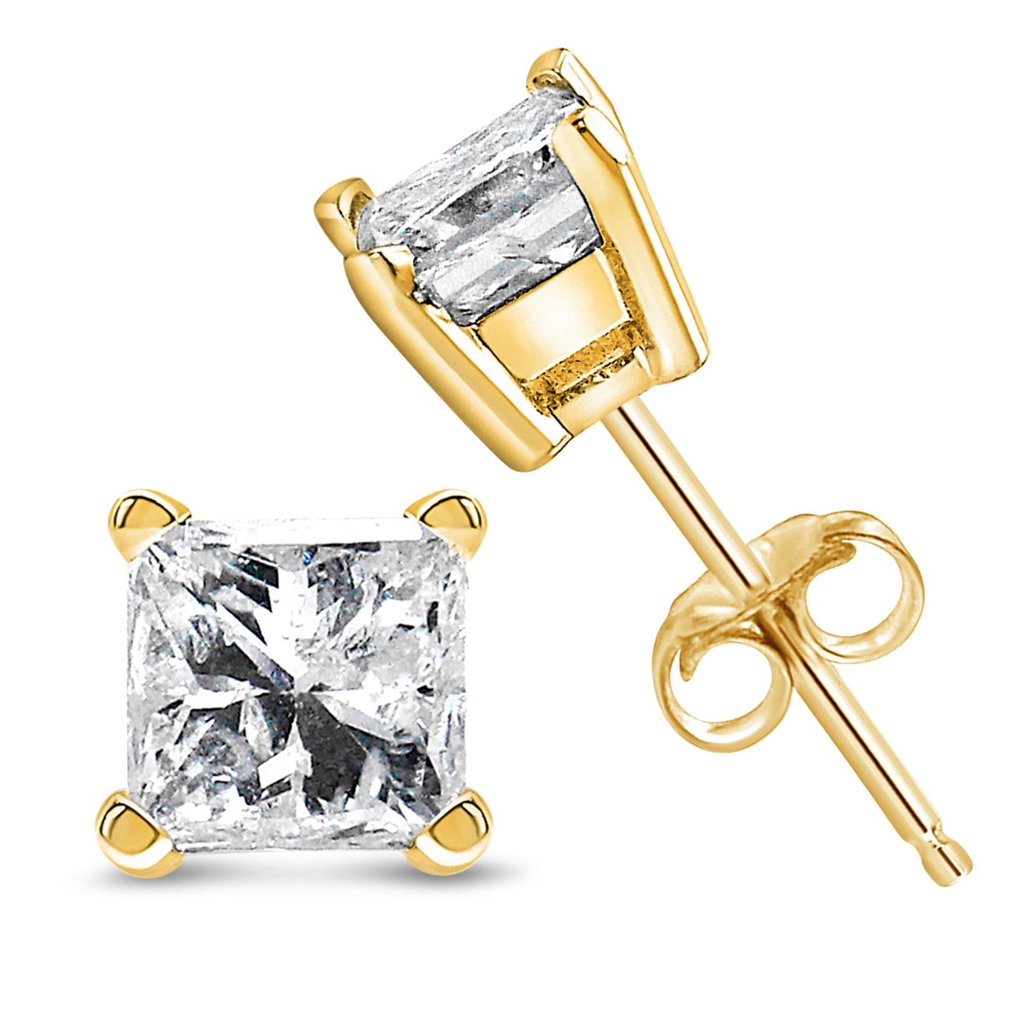 AGS Certified Princess-Cut Square Diamond 4-Prong Solitaire Stud Earrings in 14K Gold (N-O Color, SI2-I1 Clarity)