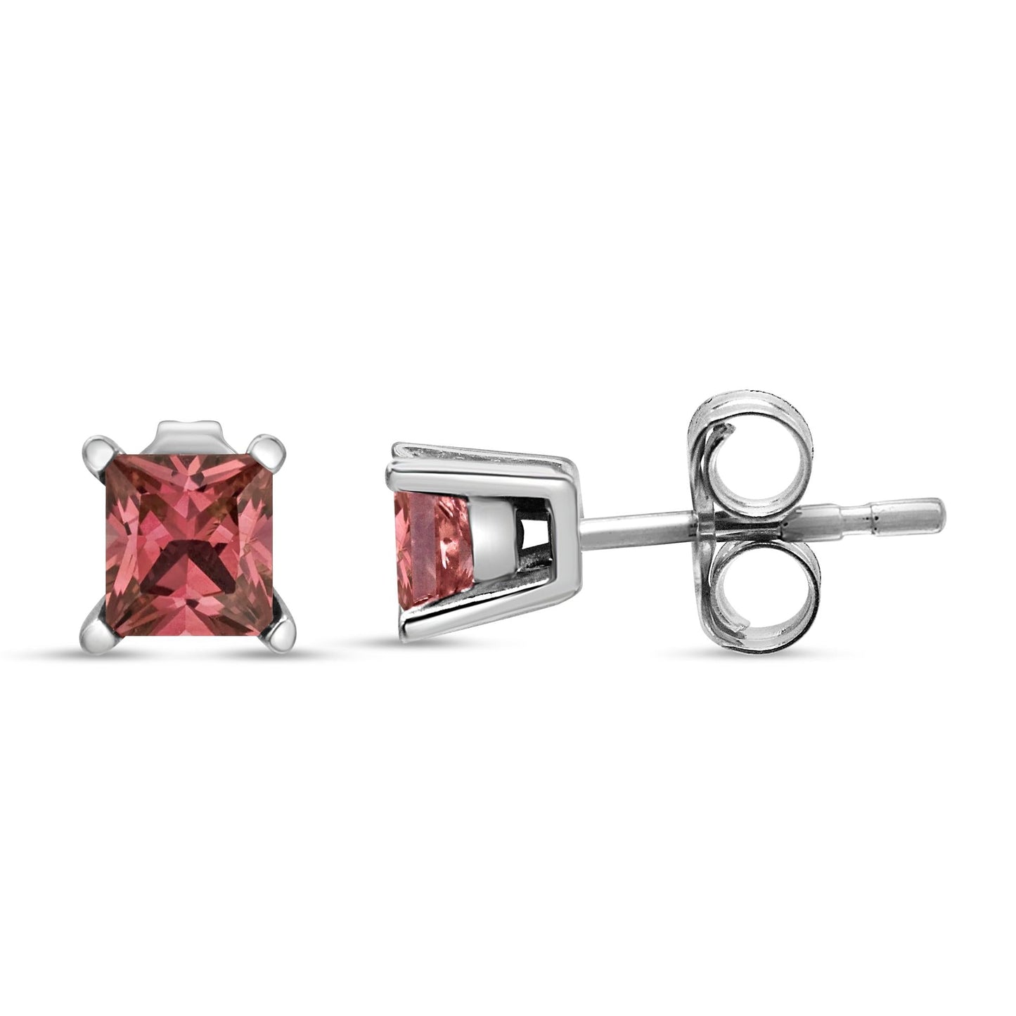 14K White Gold 4 Prong Set Lab Grown Pink Princess Diamond Solitaire Stud Earrings (Pink Color, VS2-SI1 Clarity)