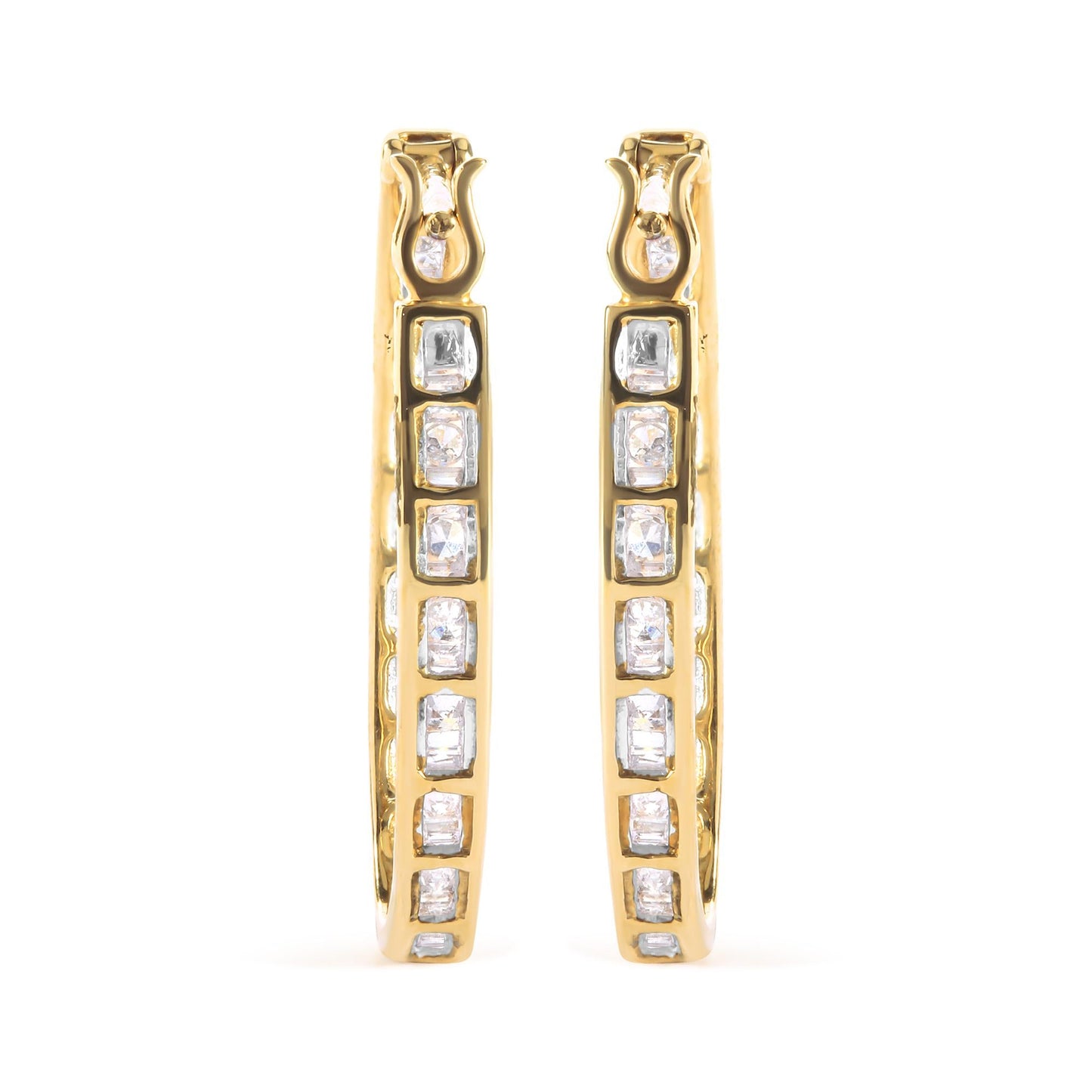 10K Yellow Gold 1.00 Cttw Round and Baguette-Cut Diamond U-Hoop Earrings (H-I Color, SI2-I1 Clarity)