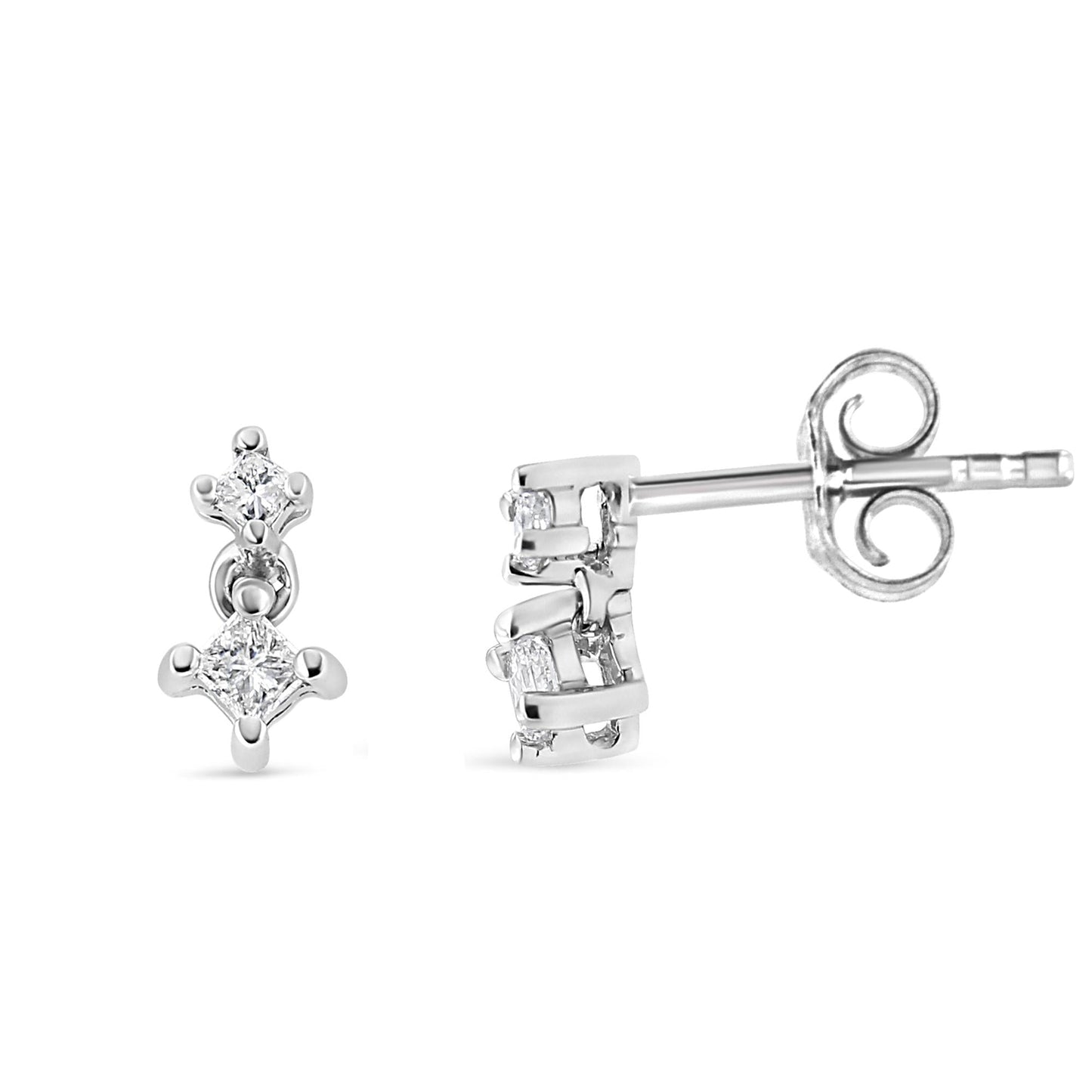 14K White Gold 1/4 Cttw 4 Prong Set Princess-Cut Double Diamond Drop and Dangle Stud Earrings (I-J Color, I2-I3 Clarity)