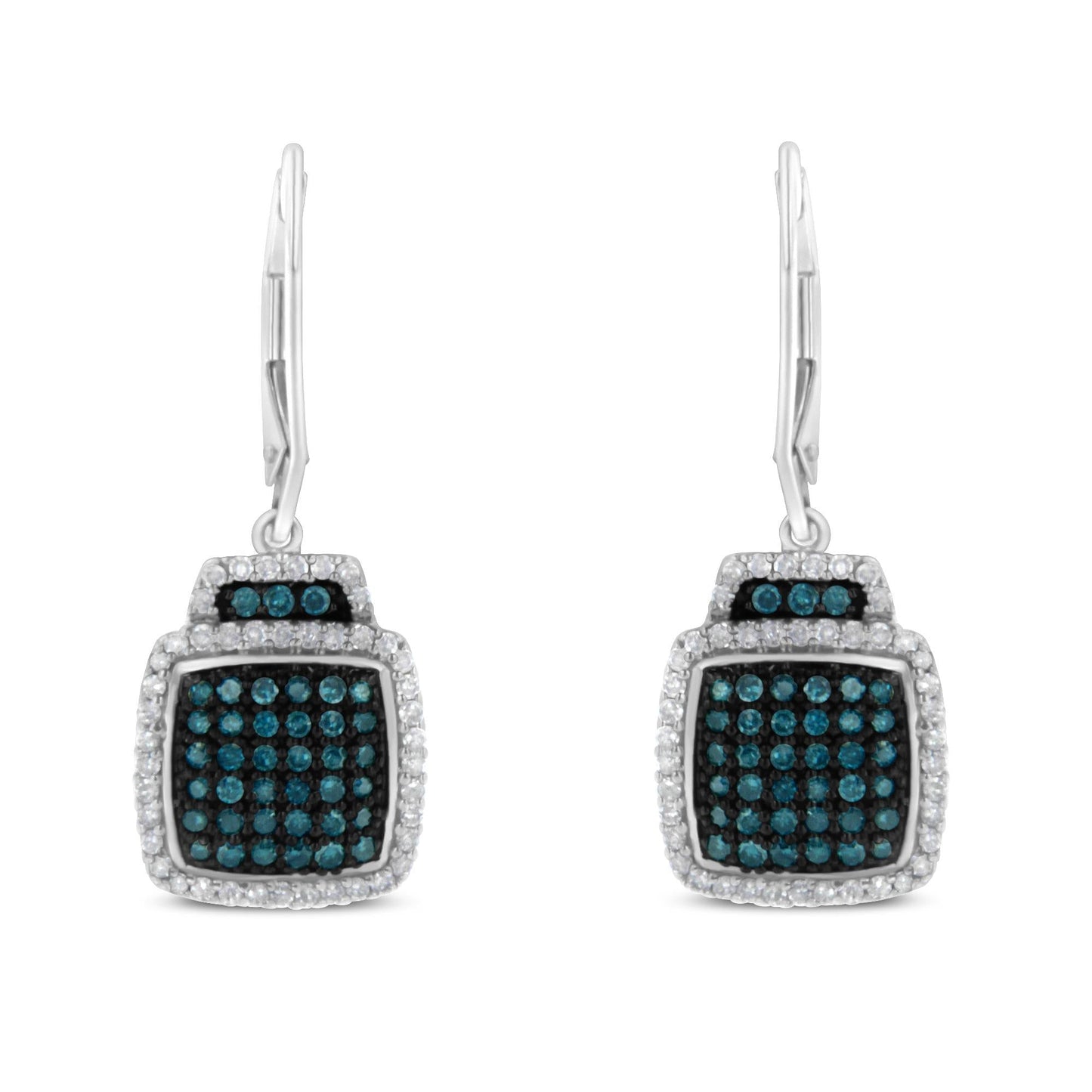 Black Rhodium over .925 Sterling Silver ¾ Cttw Blue and White Diamond Cushion Shaped Dangle Earrings (Enhanced Blue & I-J Color, I2-I3 Clarity)